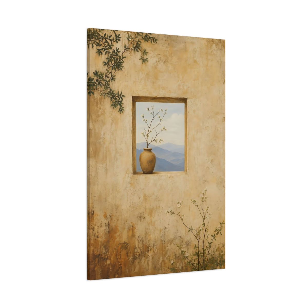 Side Mockup 1. Nature Flowering Branch Beige And Blue shown as stretched canvas wall art