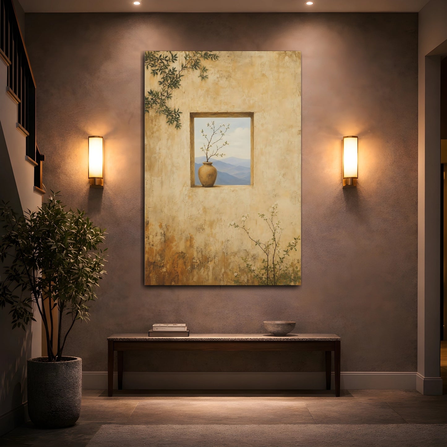 Mockup 2. Nature Flowering Branch Beige And Blue shown as stretched canvas wall art