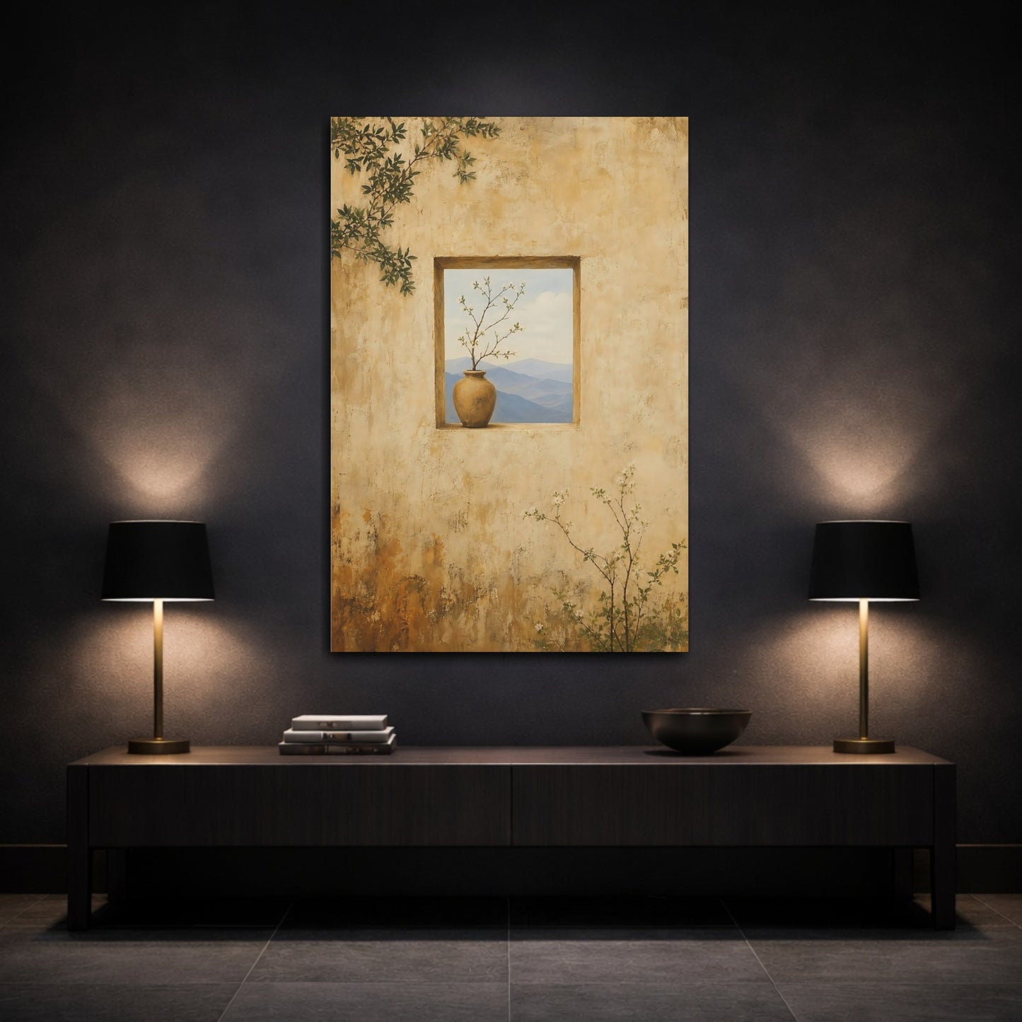 Mockup 3. Nature Flowering Branch Beige And Blue shown as stretched canvas wall art
