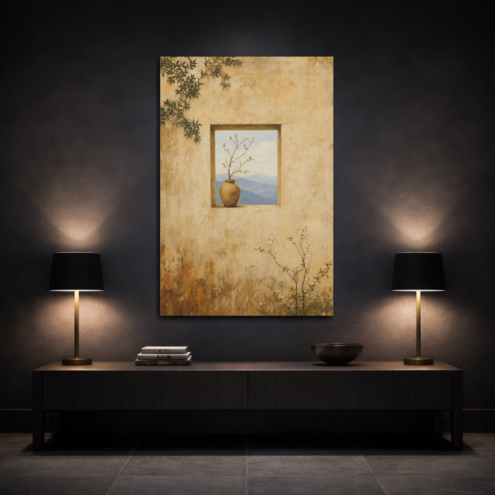 Mockup 3. Nature Flowering Branch Beige And Blue shown as stretched canvas wall art