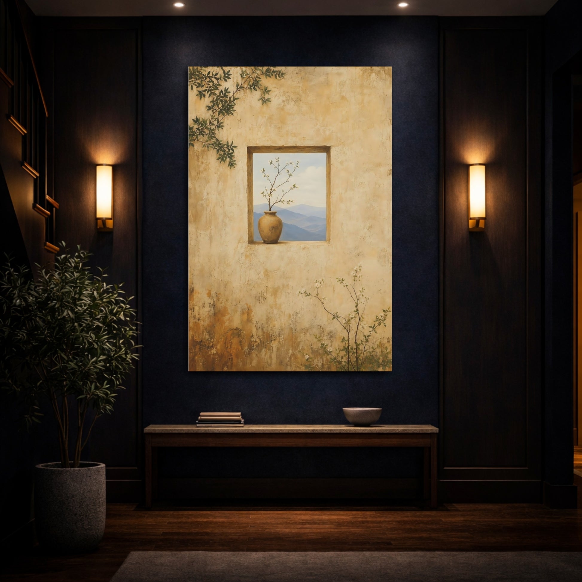 Mockup 4. Nature Flowering Branch Beige And Blue shown as stretched canvas wall art