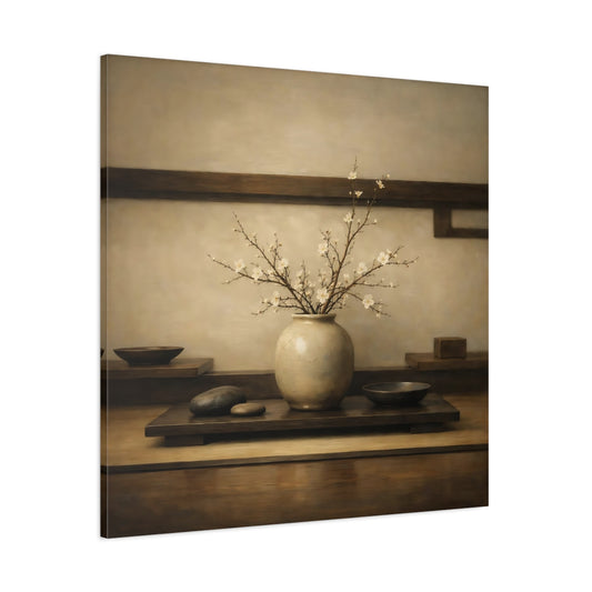 Main Mockup. Nature Flowering Branches Brown And White shown as stretched canvas wall art
