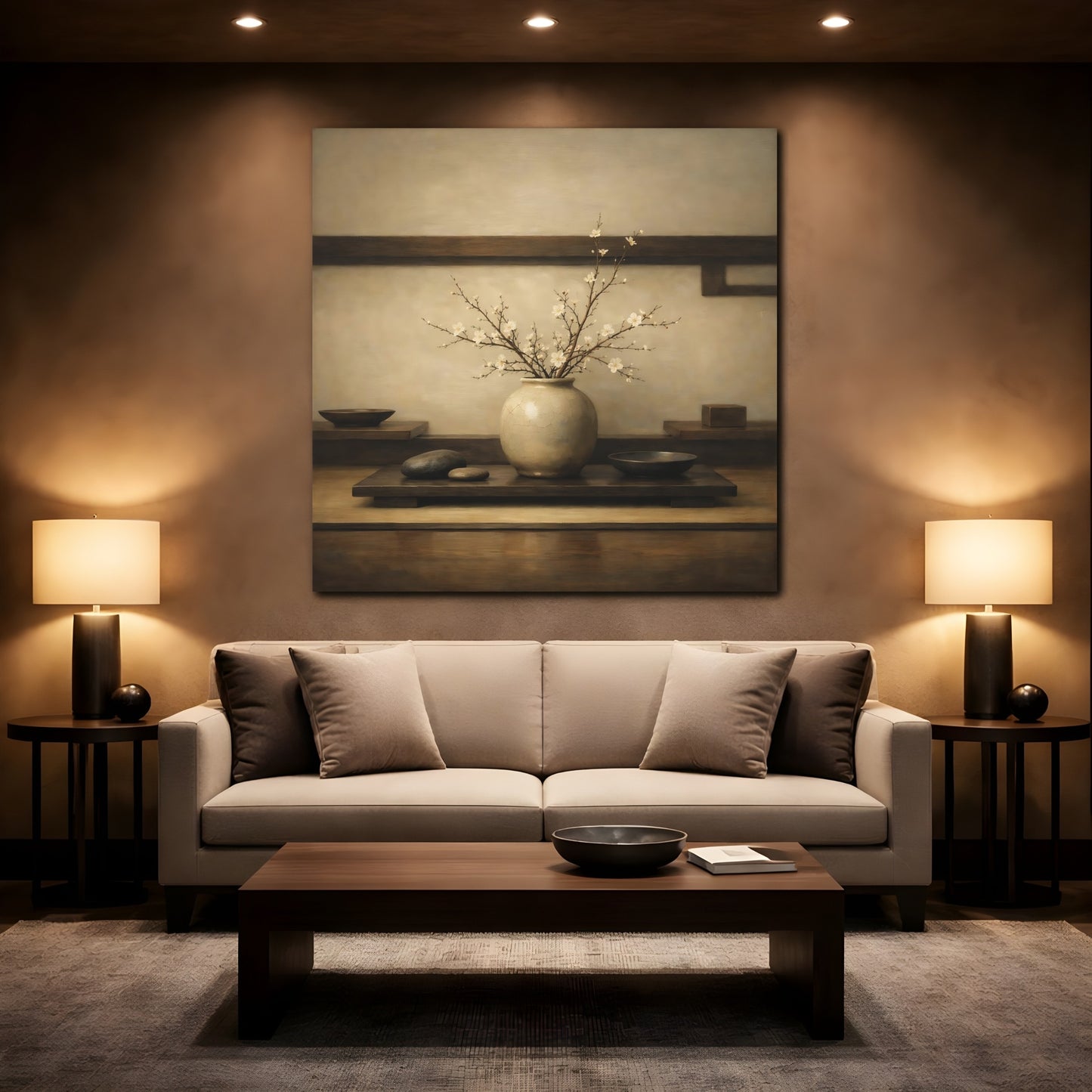 Mockup 2. Nature Flowering Branches Brown And White shown as stretched canvas wall art