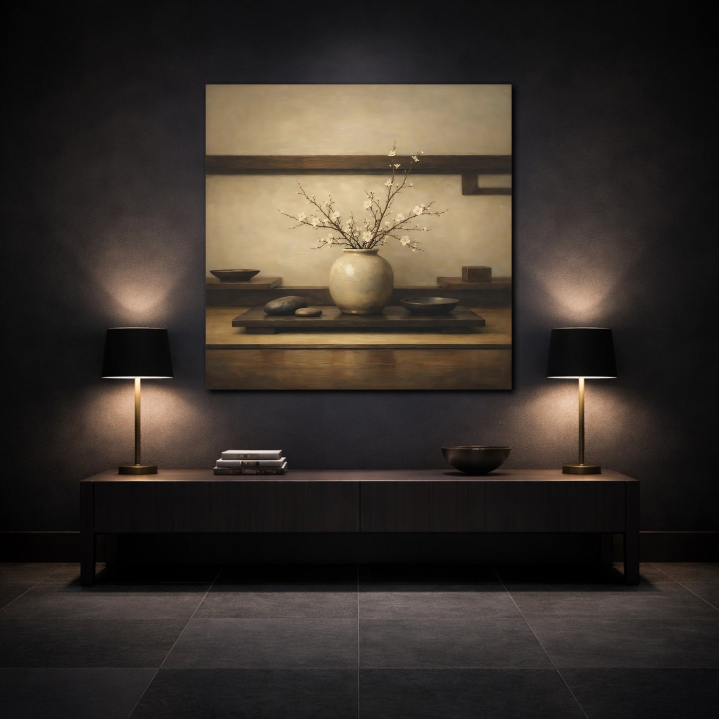 Mockup 3. Nature Flowering Branches Brown And White shown as stretched canvas wall art