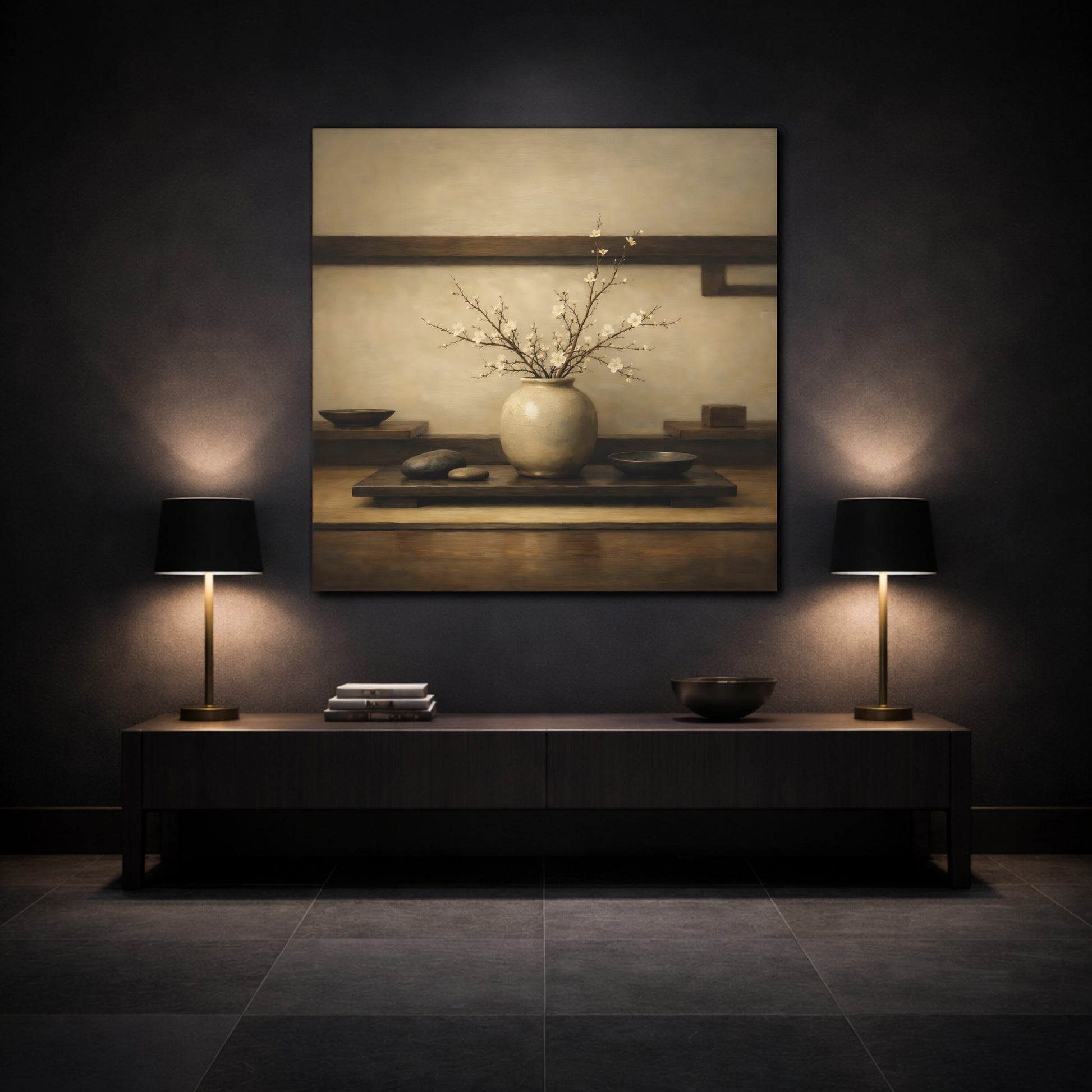 Mockup 3. Nature Flowering Branches Brown And White shown as stretched canvas wall art