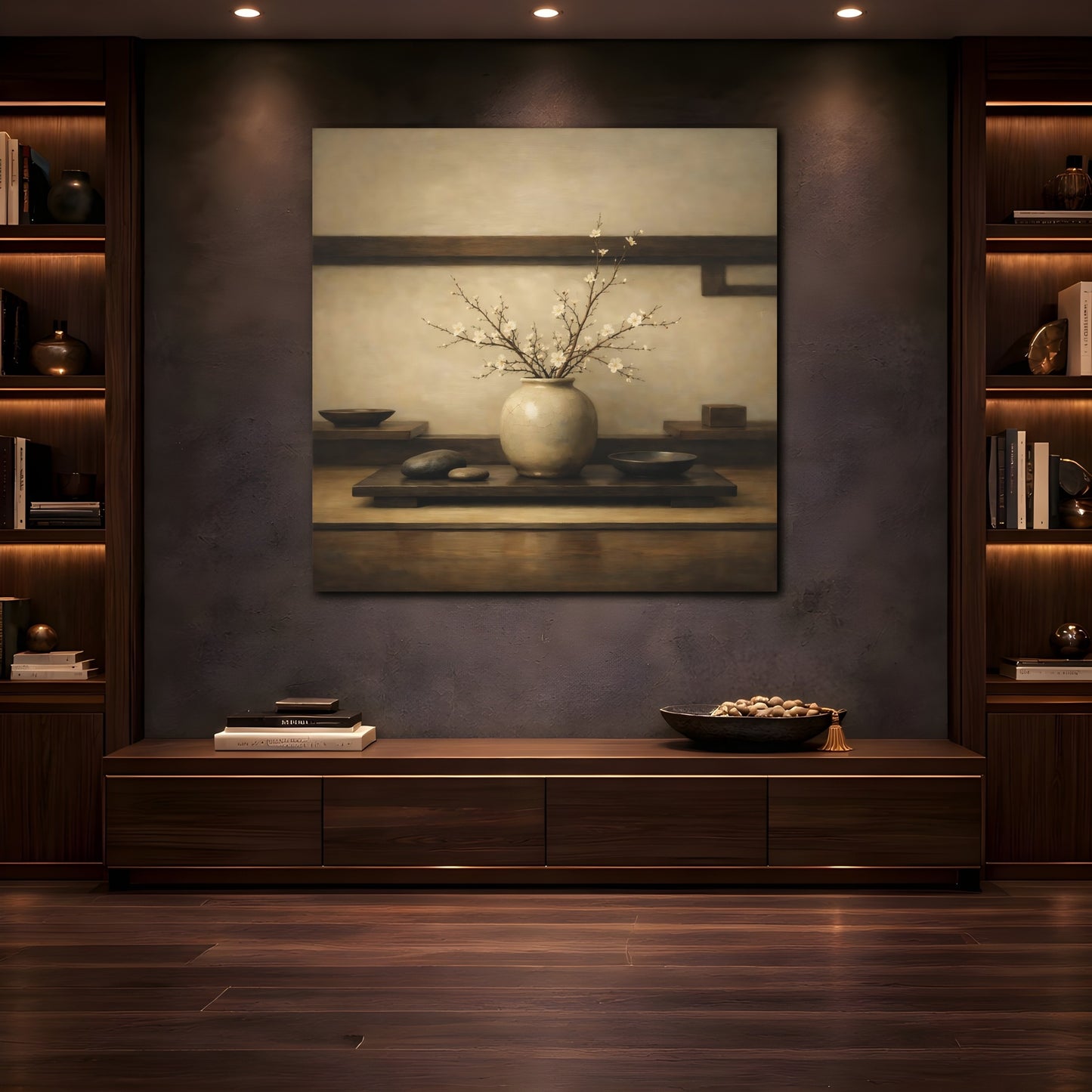 Mockup 4. Nature Flowering Branches Brown And White shown as stretched canvas wall art