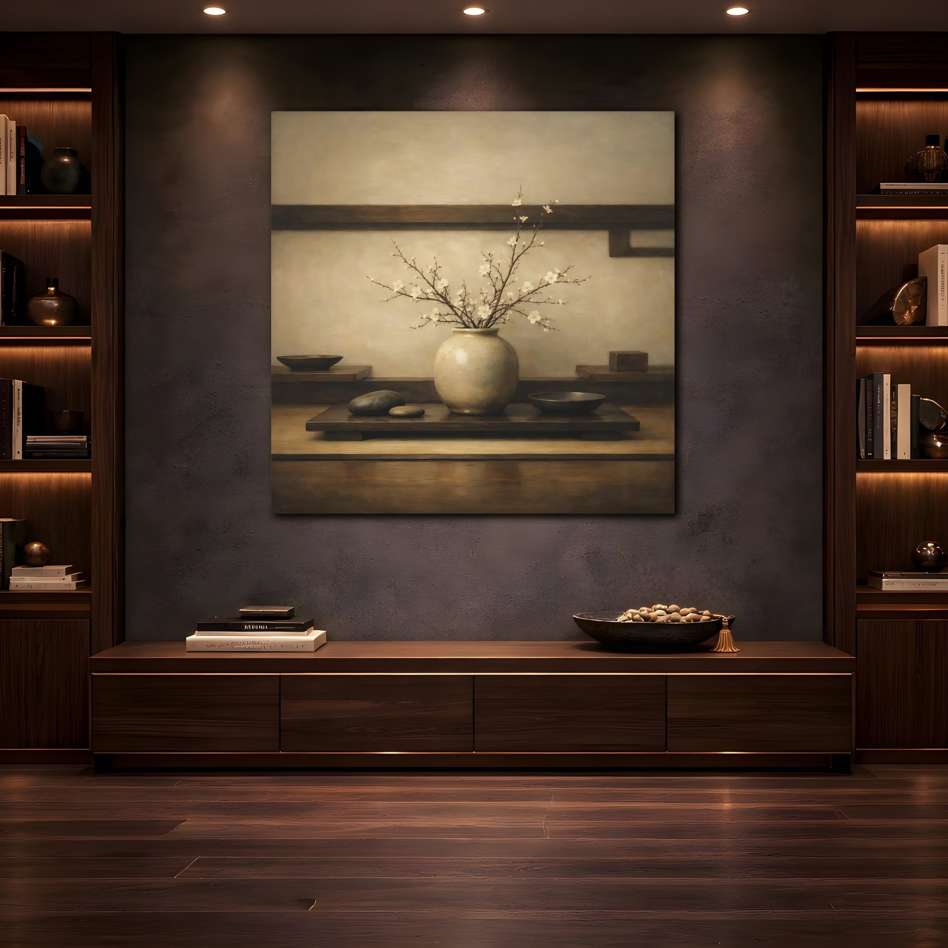 Mockup 4. Nature Flowering Branches Brown And White shown as stretched canvas wall art