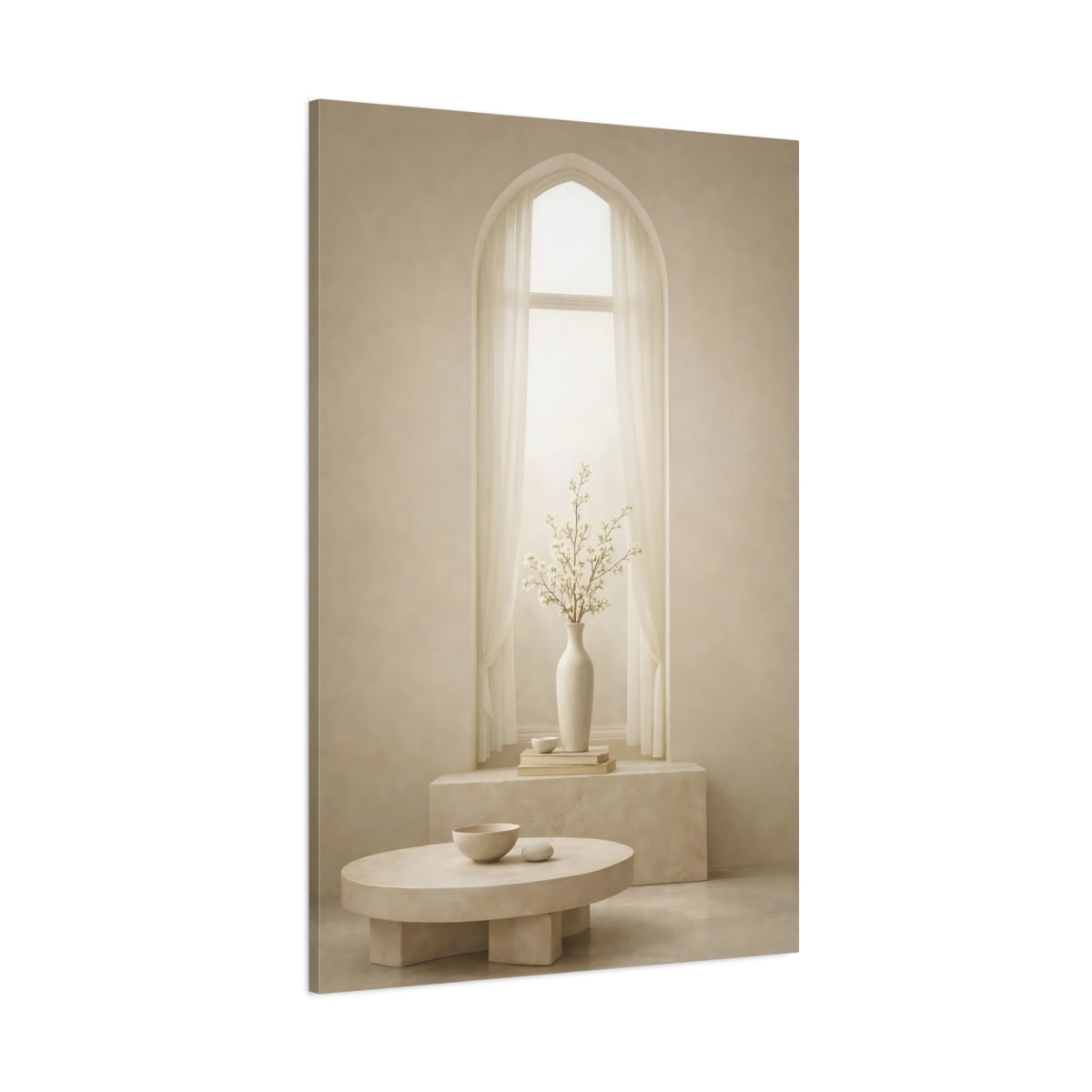 Main Mockup. Nature Flowering Branches Neutral Beige Decor shown as stretched canvas wall art