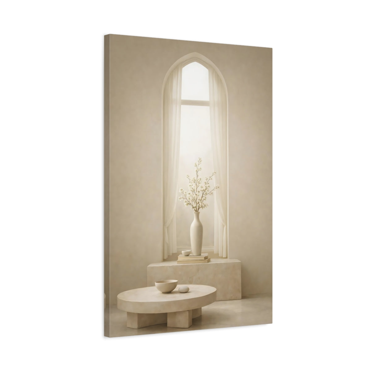 Side Mockup 2. Nature Flowering Branches Neutral Beige Decor shown as stretched canvas wall art