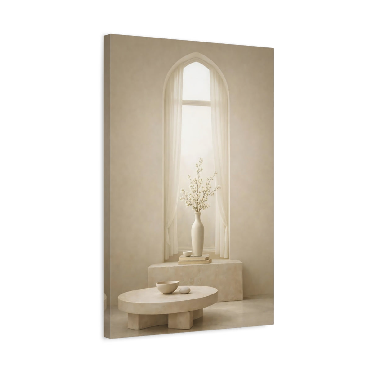 Side Mockup 3. Nature Flowering Branches Neutral Beige Decor shown as stretched canvas wall art