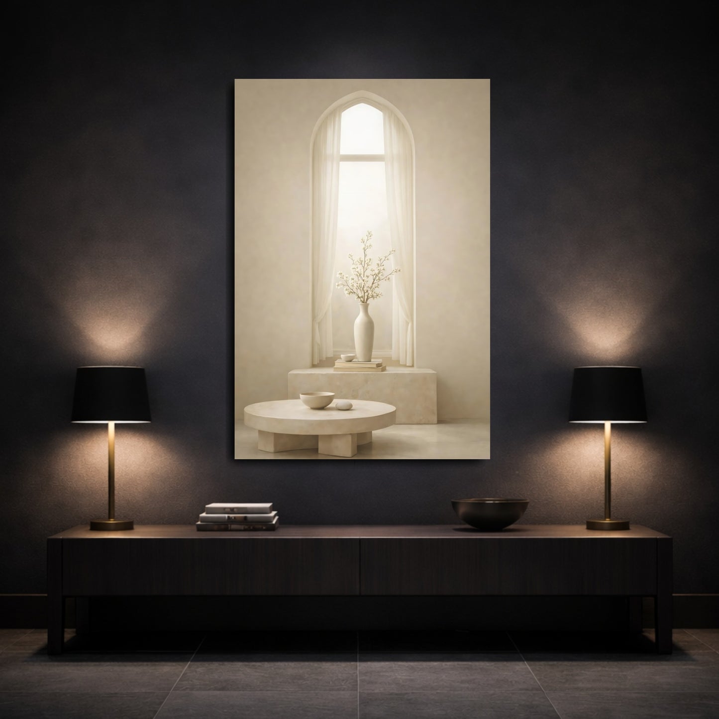 Mockup 2. Nature Flowering Branches Neutral Beige Decor shown as stretched canvas wall art