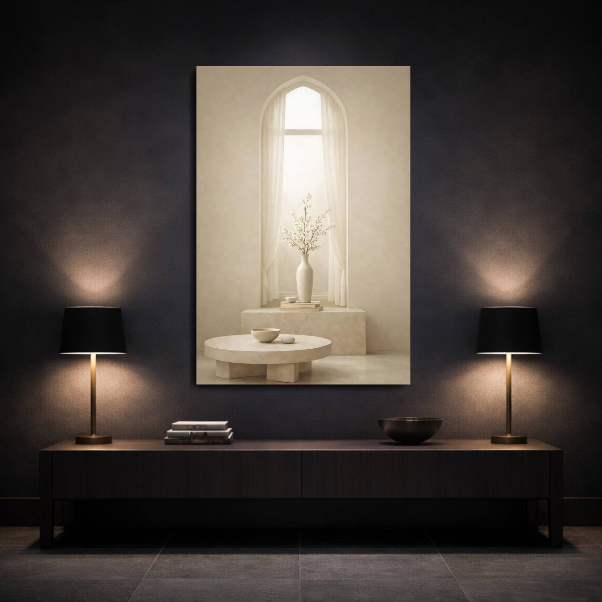 Mockup 2. Nature Flowering Branches Neutral Beige Decor shown as stretched canvas wall art