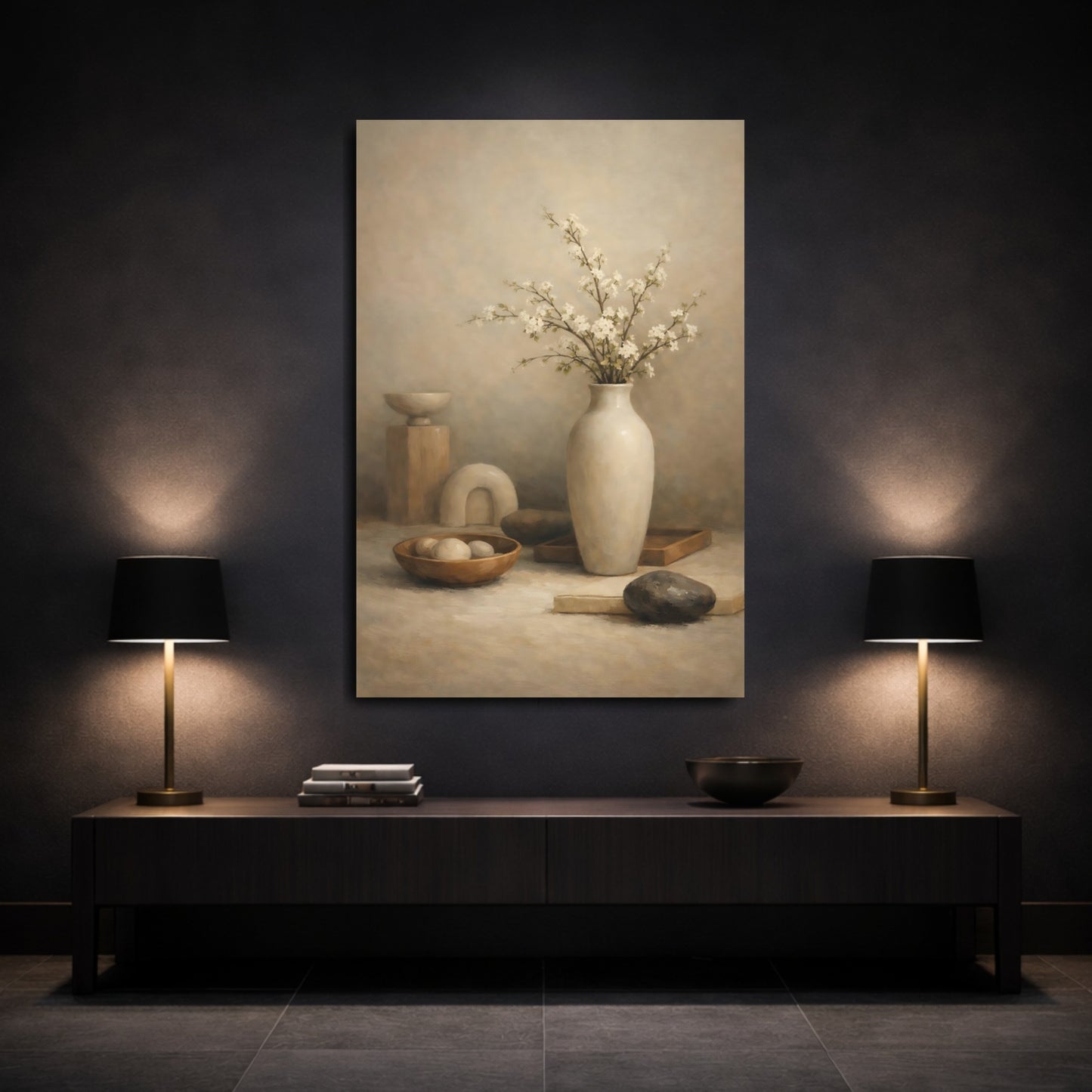 Mockup 2. Nature Flowering Branches Neutral Still Life shown as stretched canvas wall art