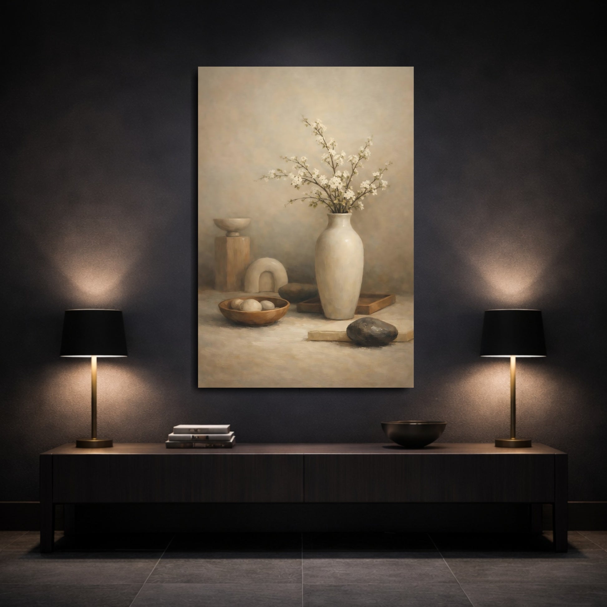 Mockup 2. Nature Flowering Branches Neutral Still Life shown as stretched canvas wall art