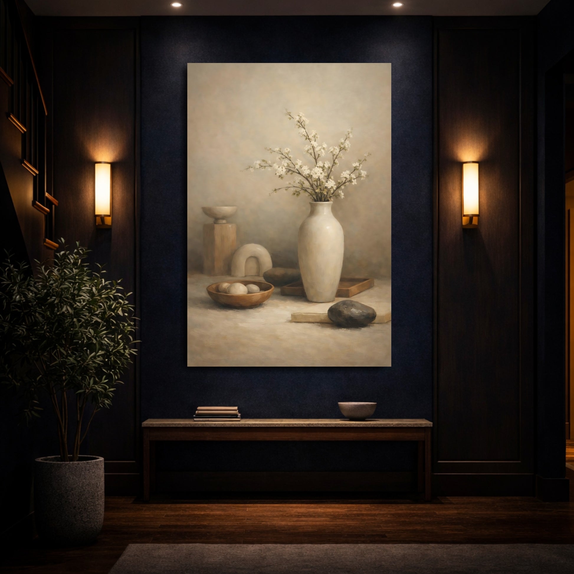 Mockup 3. Nature Flowering Branches Neutral Still Life shown as stretched canvas wall art