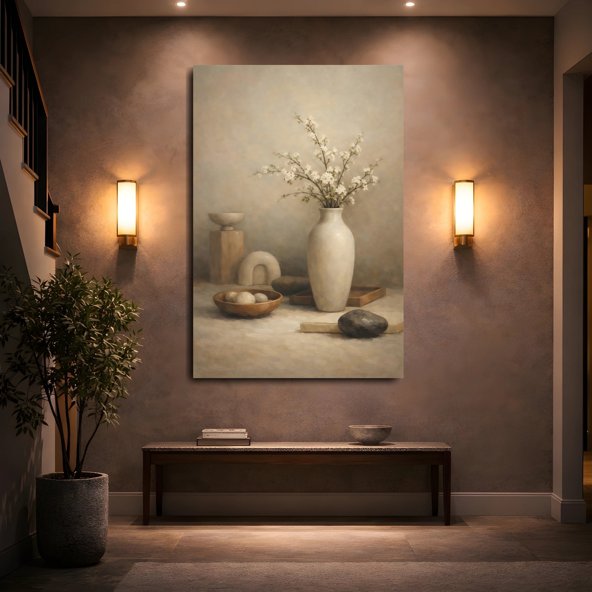 Mockup 4. Nature Flowering Branches Neutral Still Life shown as stretched canvas wall art