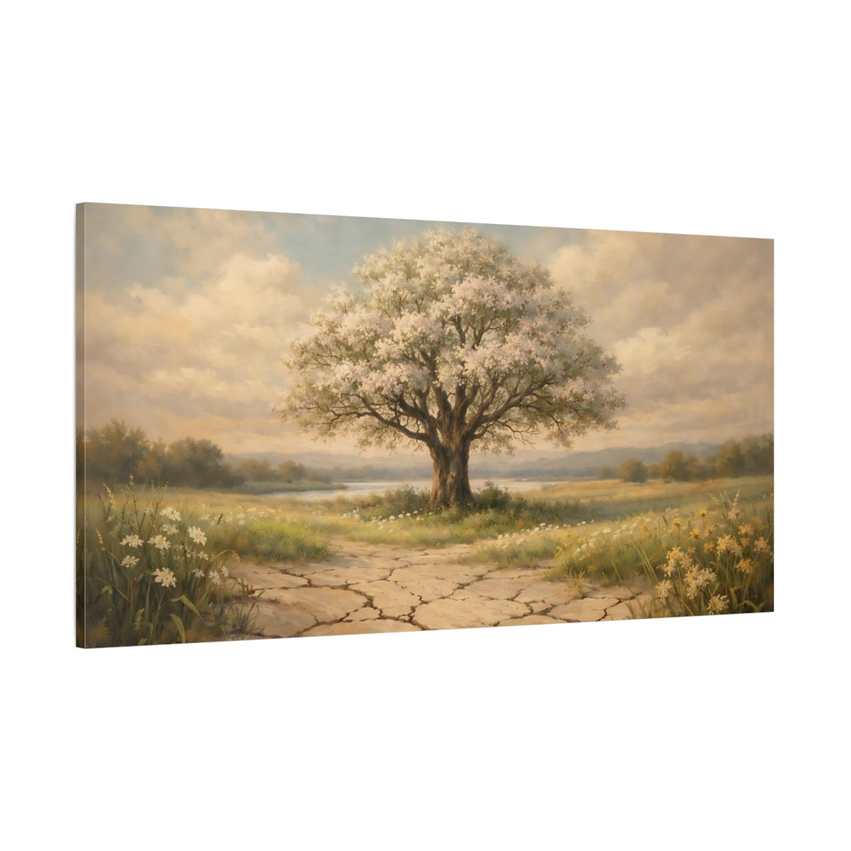 Main Mockup. Nature Flowering Tree Brown And Beige Landscape shown as stretched canvas wall art