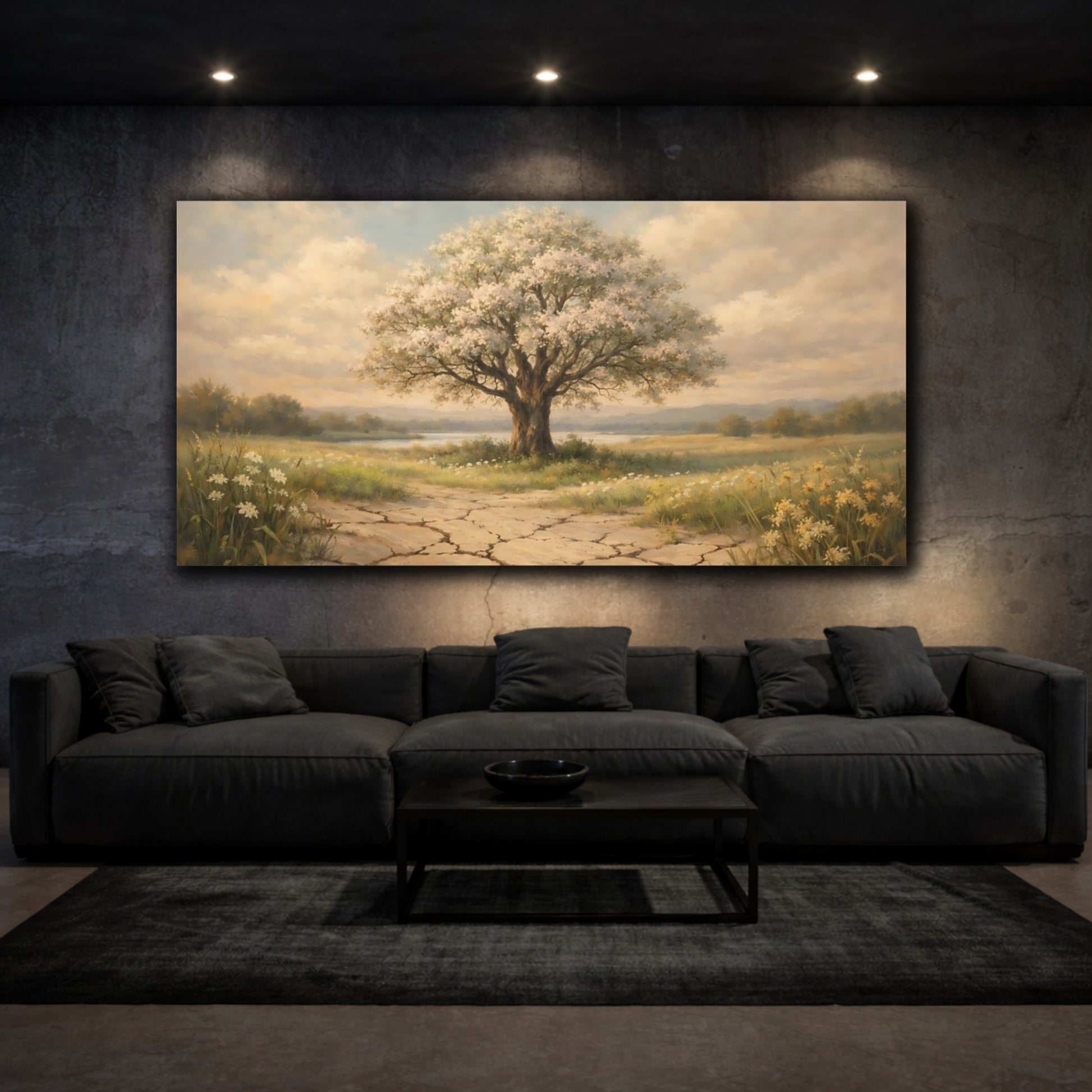 Mockup 2. Nature Flowering Tree Brown And Beige Landscape shown as stretched canvas wall art