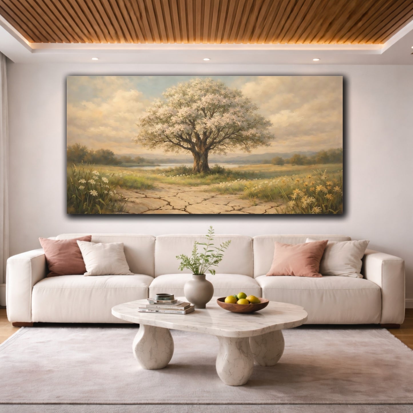 Mockup 3. Nature Flowering Tree Brown And Beige Landscape shown as stretched canvas wall art