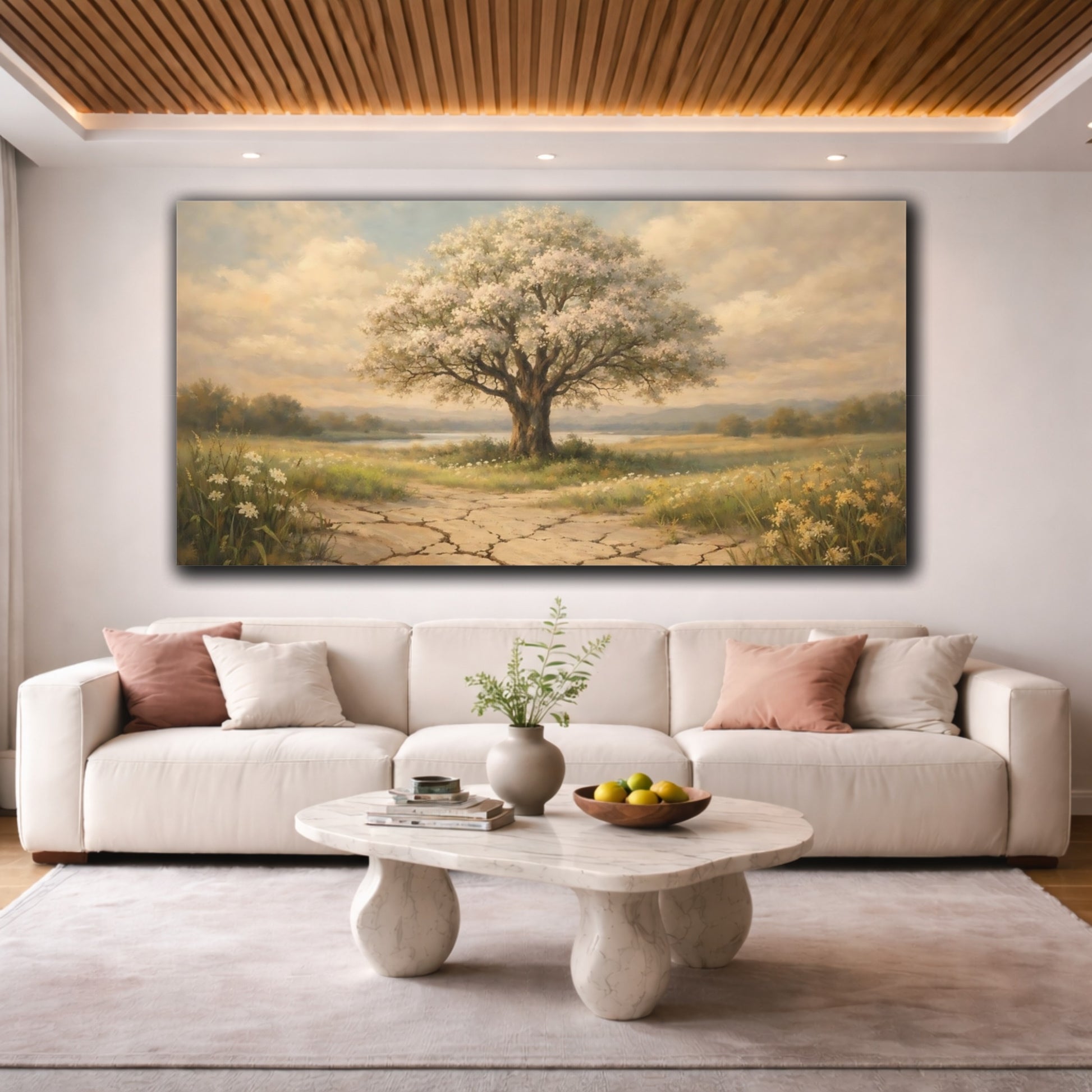 Mockup 3. Nature Flowering Tree Brown And Beige Landscape shown as stretched canvas wall art