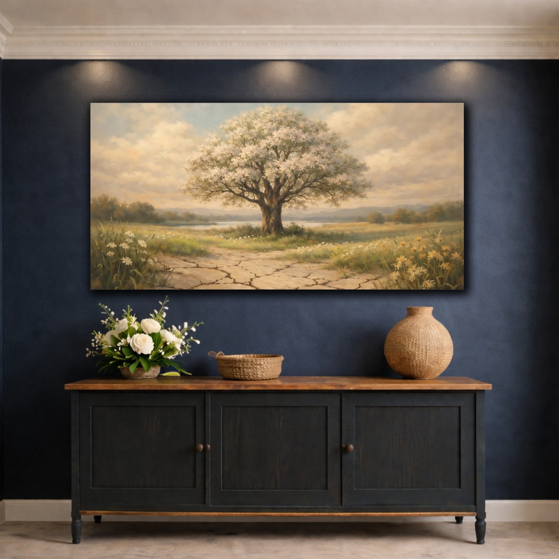 Mockup 4. Nature Flowering Tree Brown And Beige Landscape shown as stretched canvas wall art