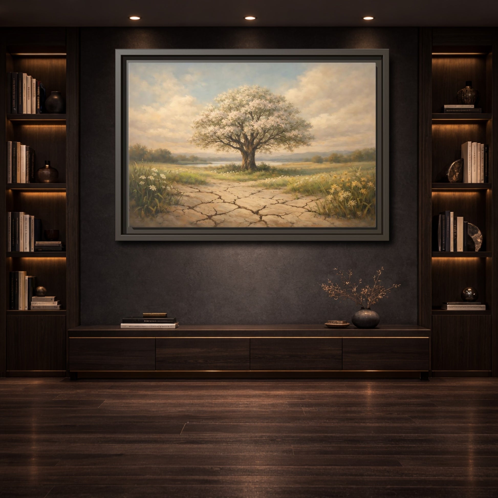 Mockup 3. Nature Flowering Tree Flowering Tree shown as stretched canvas wall art