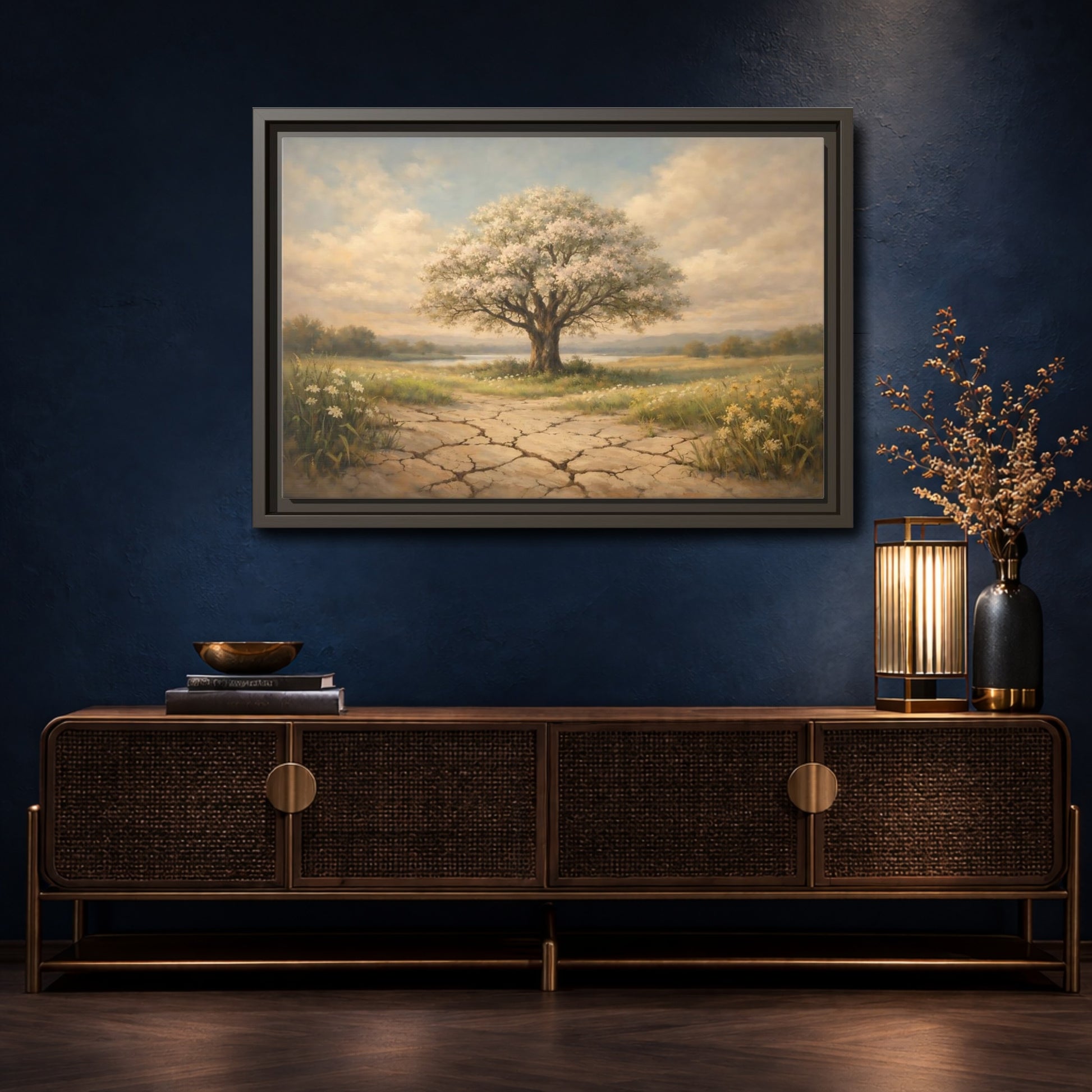 Mockup 4. Nature Flowering Tree Flowering Tree shown as stretched canvas wall art