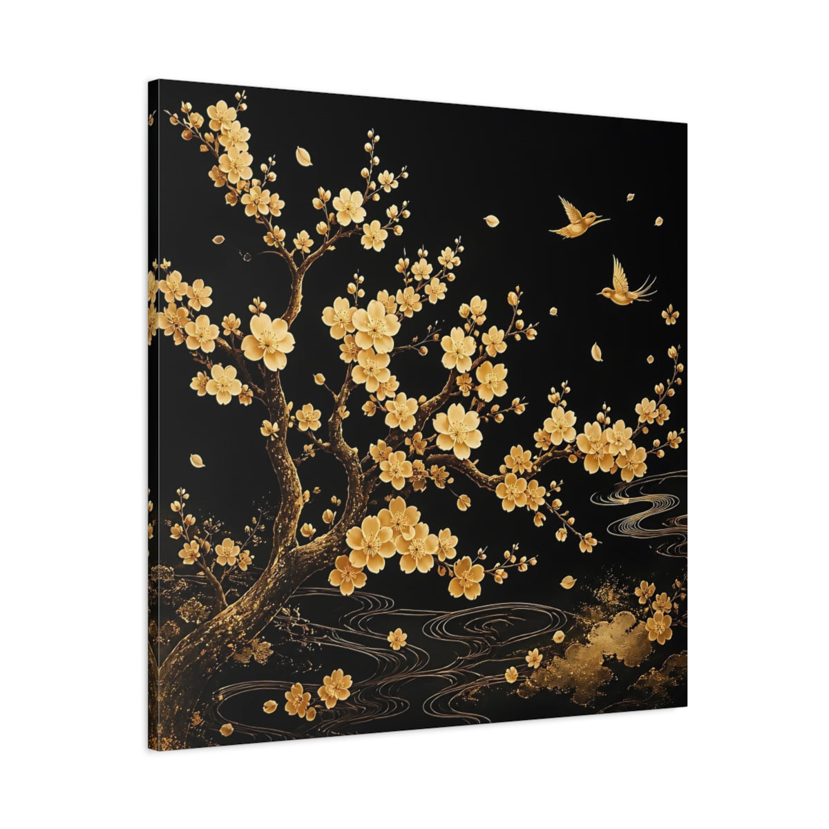 Main Mockup. Nature Flowering Tree Gold And Black shown as stretched canvas wall art