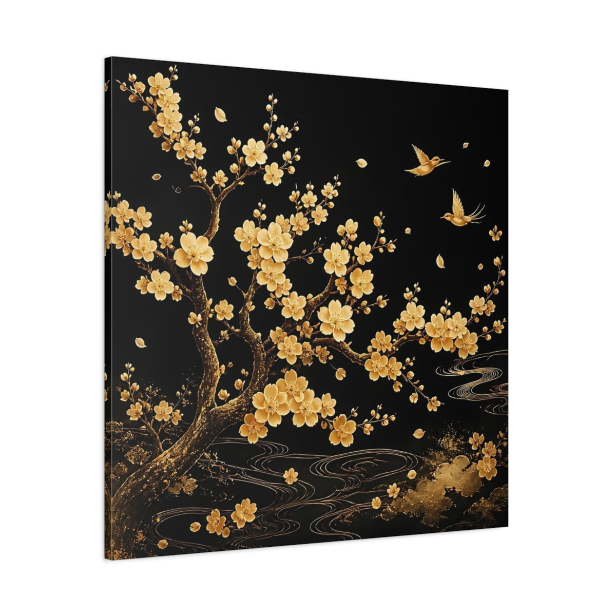 Side Mockup 1. Nature Flowering Tree Gold And Black shown as stretched canvas wall art