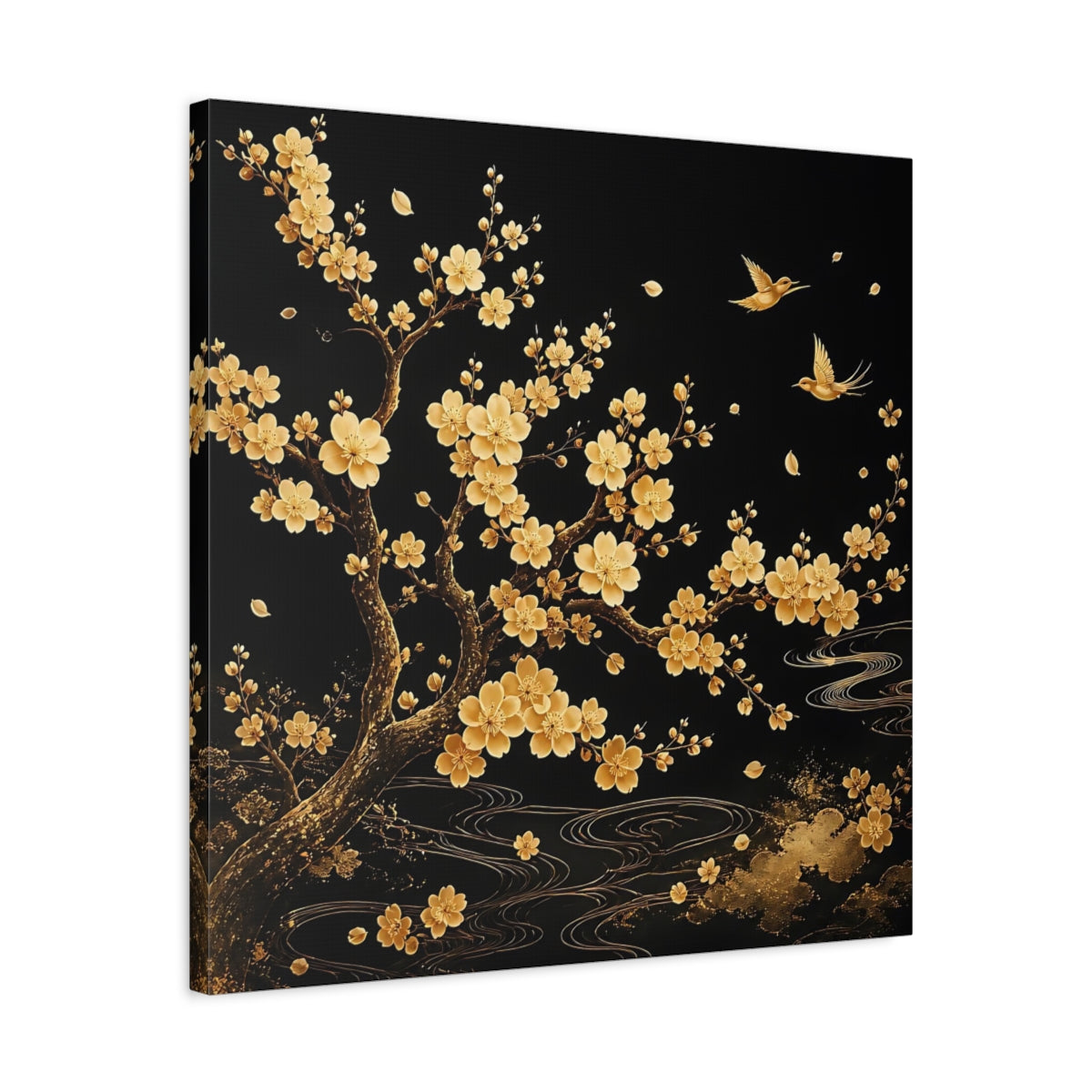 Side Mockup 4. Nature Flowering Tree Gold And Black shown as stretched canvas wall art