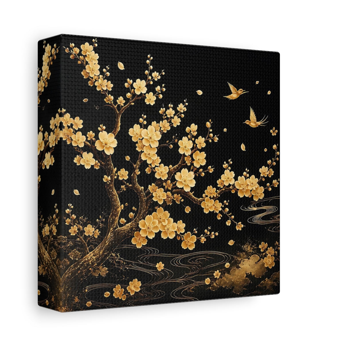 Side Mockup 2. Nature Flowering Tree Gold And Black shown as stretched canvas wall art