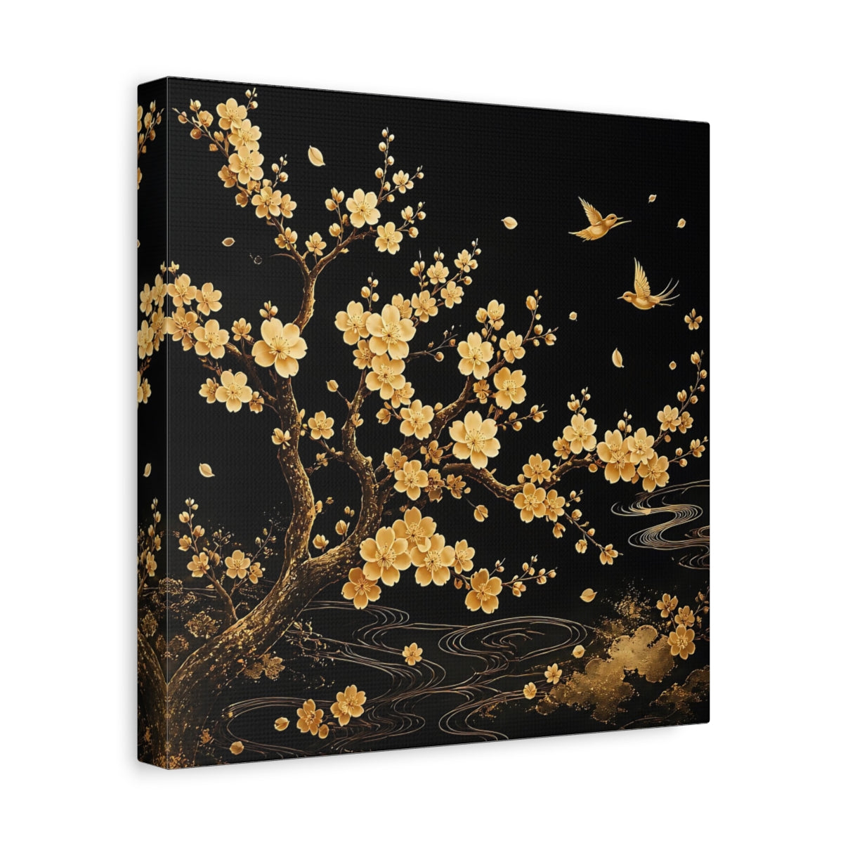 Side Mockup 8. Nature Flowering Tree Gold And Black shown as stretched canvas wall art
