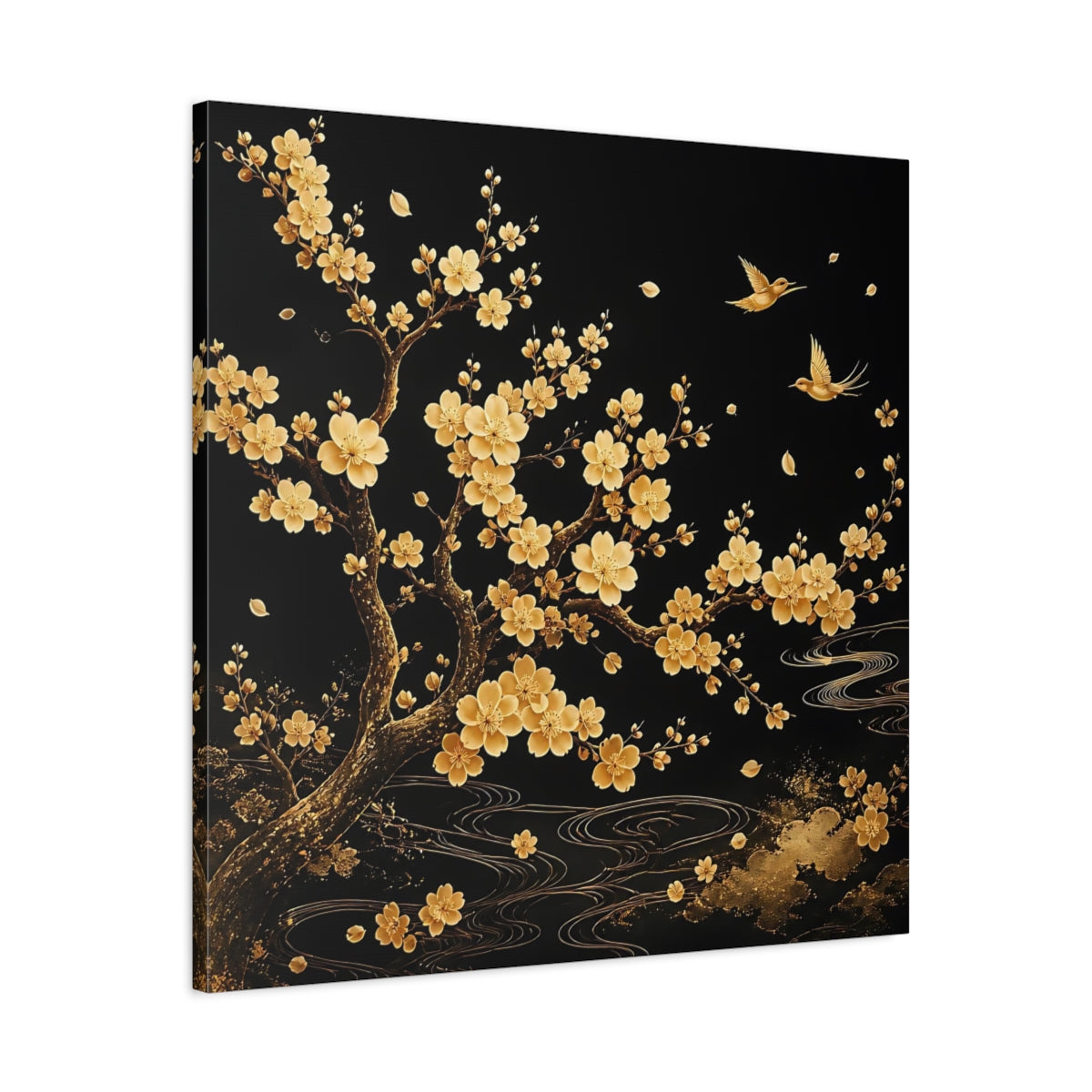 Side Mockup 3. Nature Flowering Tree Gold And Black shown as stretched canvas wall art