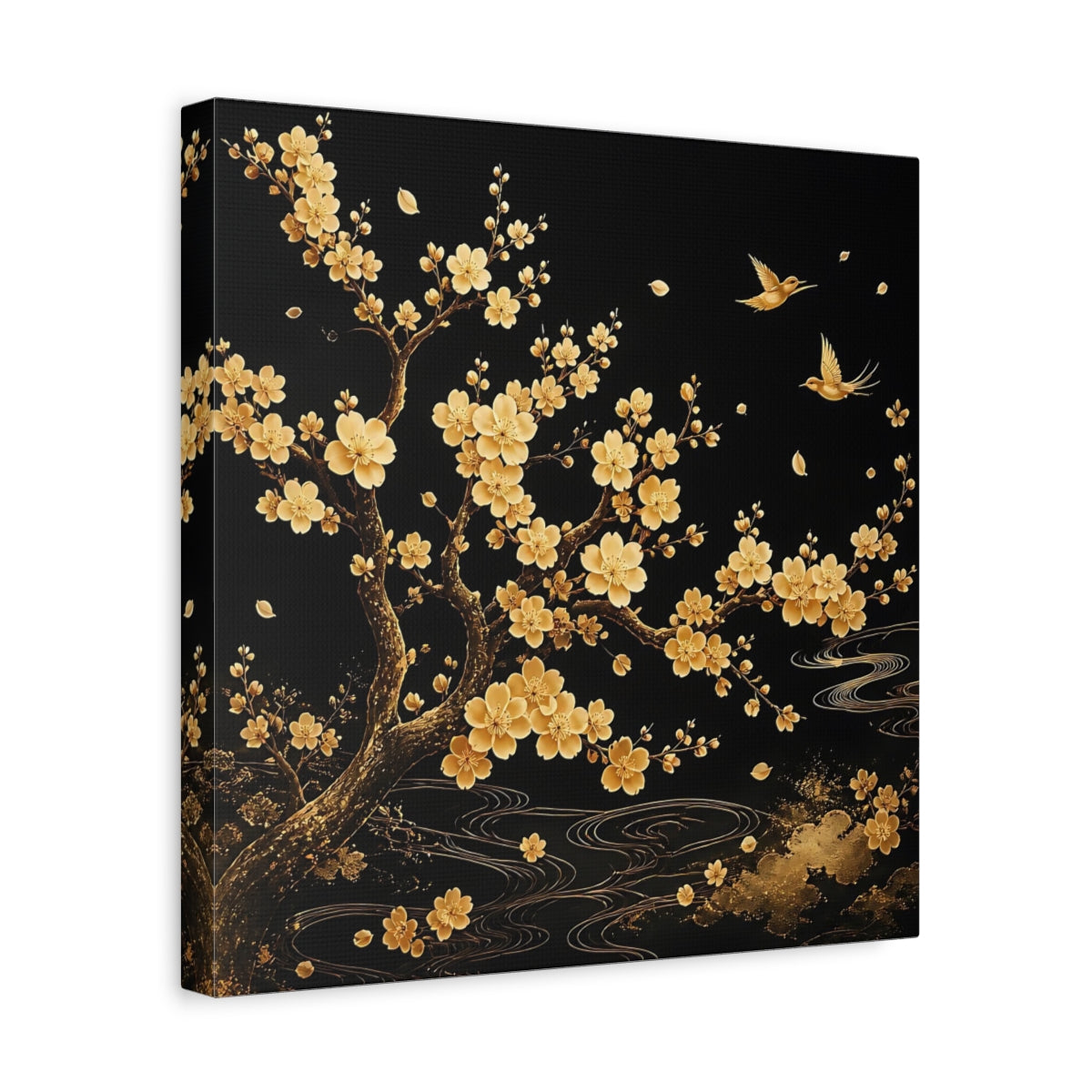 Side Mockup 7. Nature Flowering Tree Gold And Black shown as stretched canvas wall art