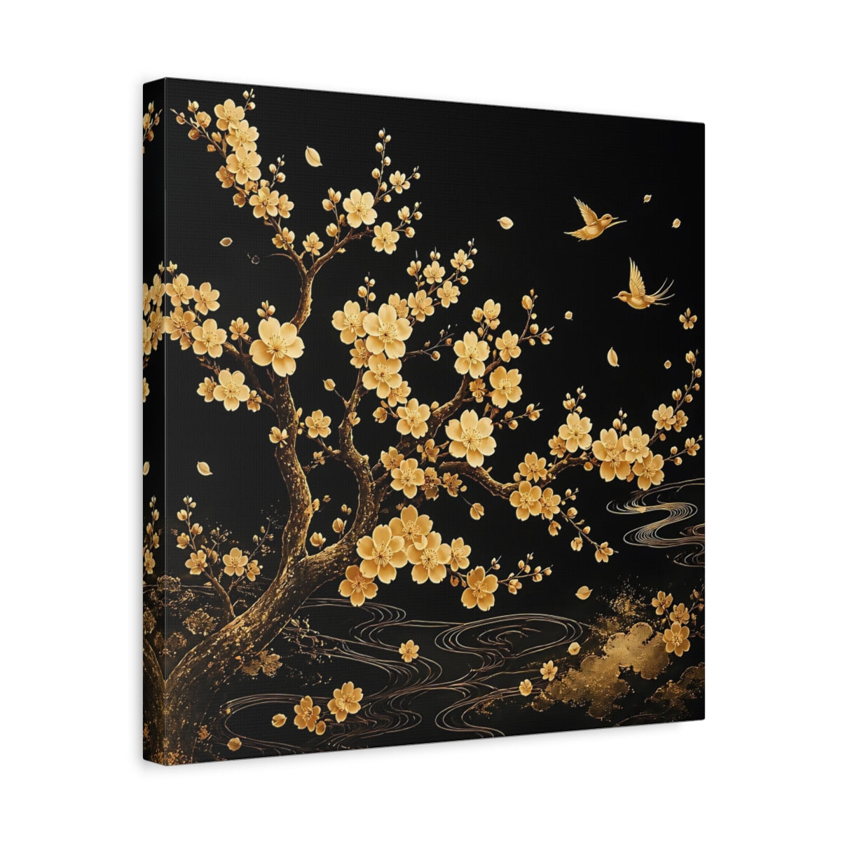 Side Mockup 6. Nature Flowering Tree Gold And Black shown as stretched canvas wall art