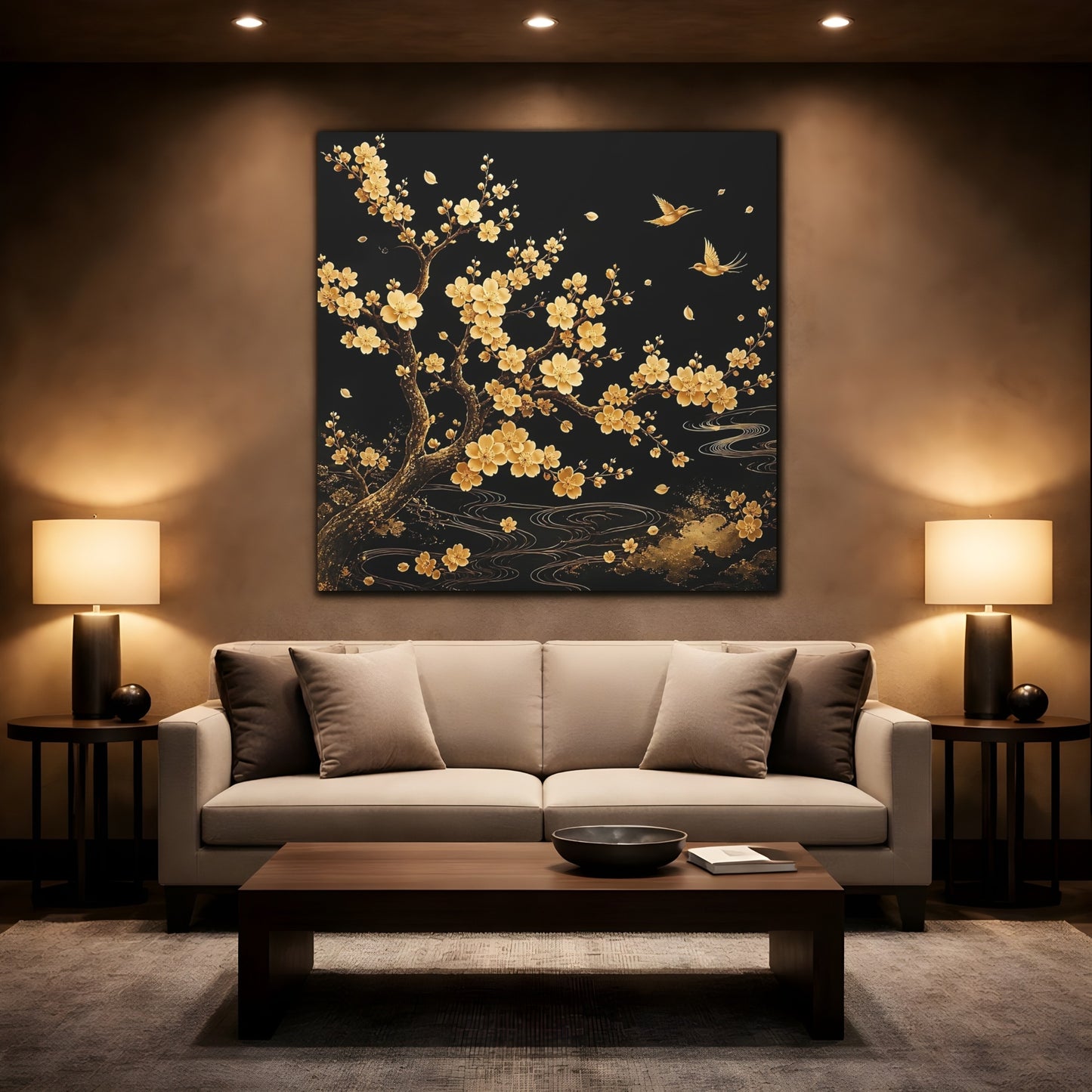 Mockup 2. Nature Flowering Tree Gold And Black shown as stretched canvas wall art