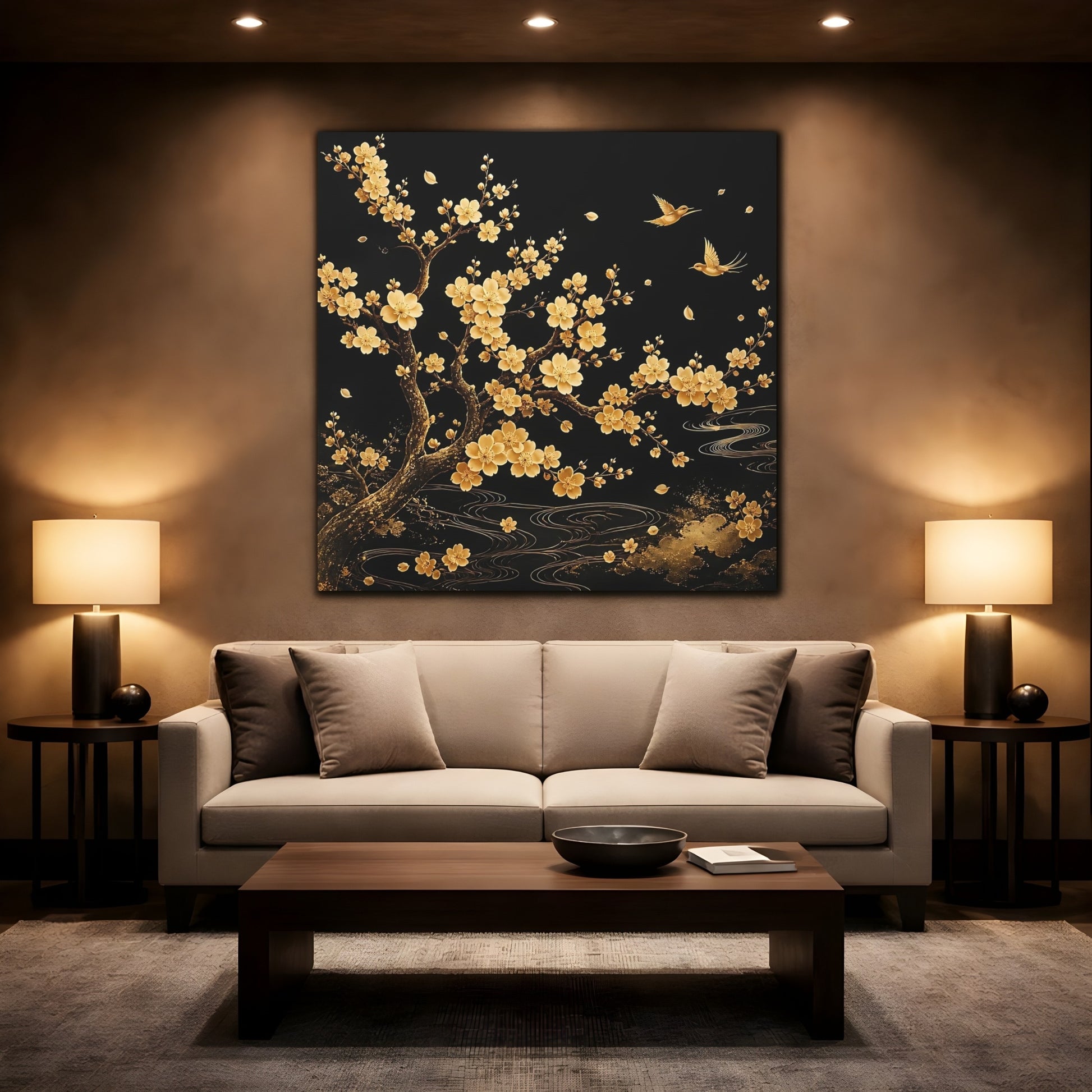 Mockup 2. Nature Flowering Tree Gold And Black shown as stretched canvas wall art