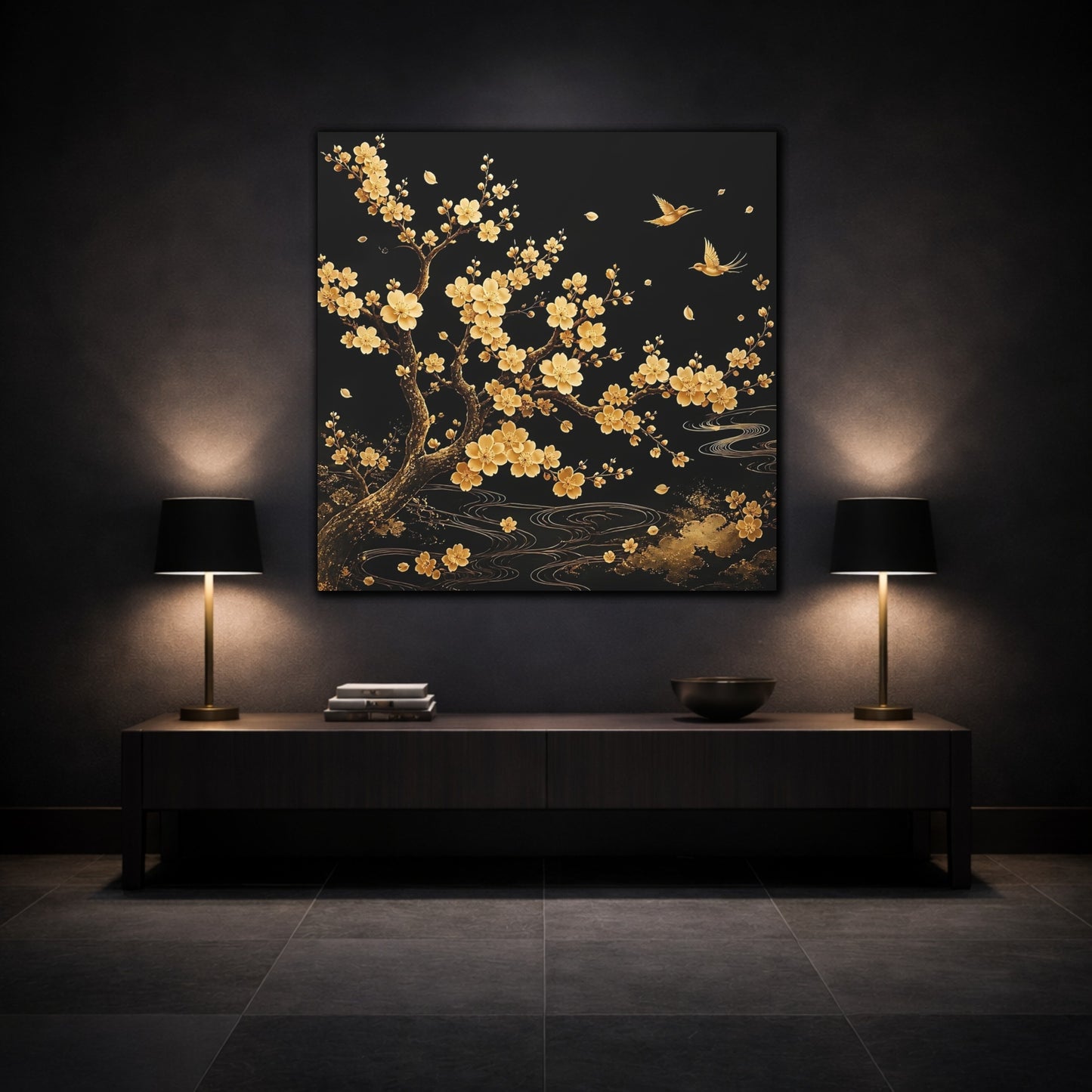 Mockup 3. Nature Flowering Tree Gold And Black shown as stretched canvas wall art