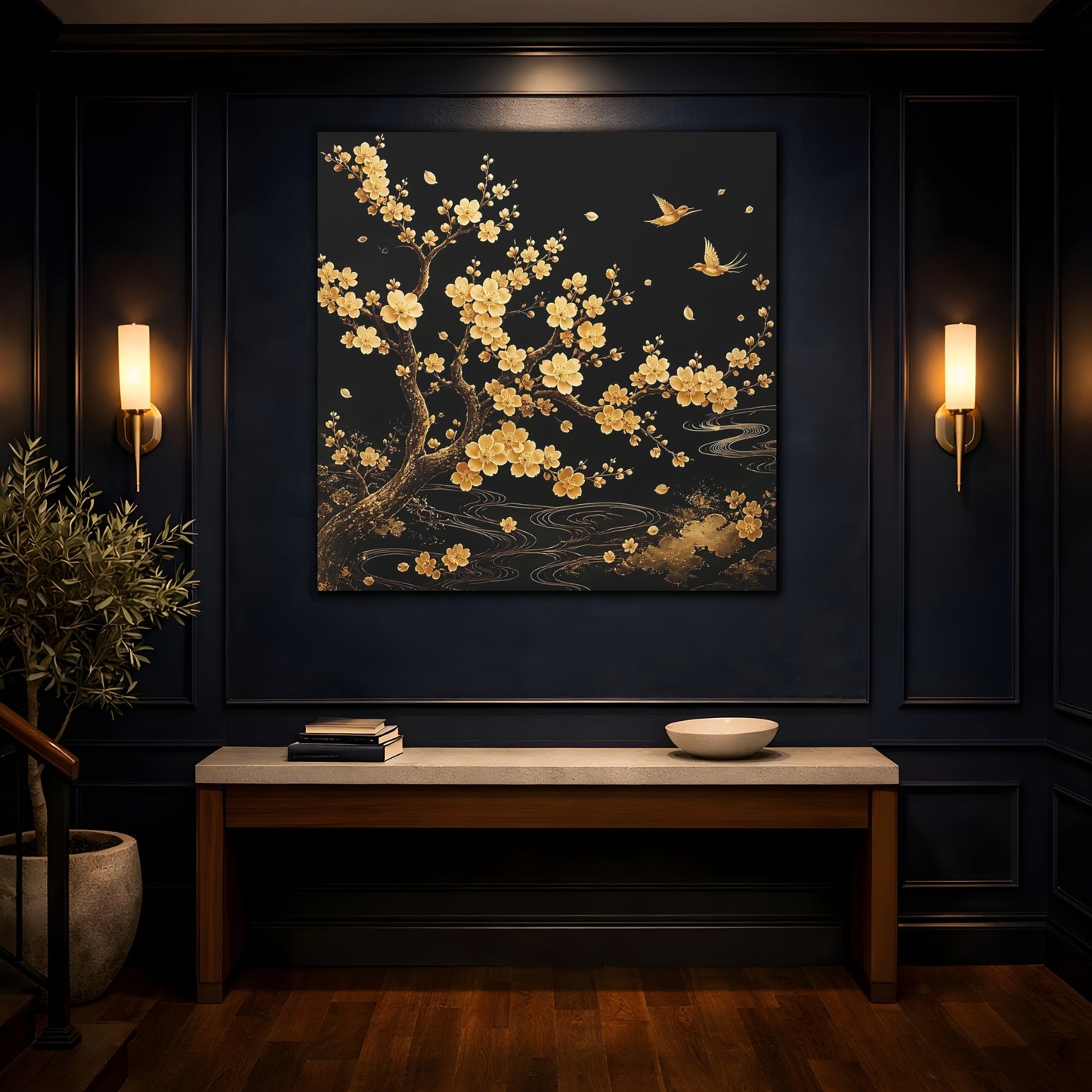Mockup 4. Nature Flowering Tree Gold And Black shown as stretched canvas wall art