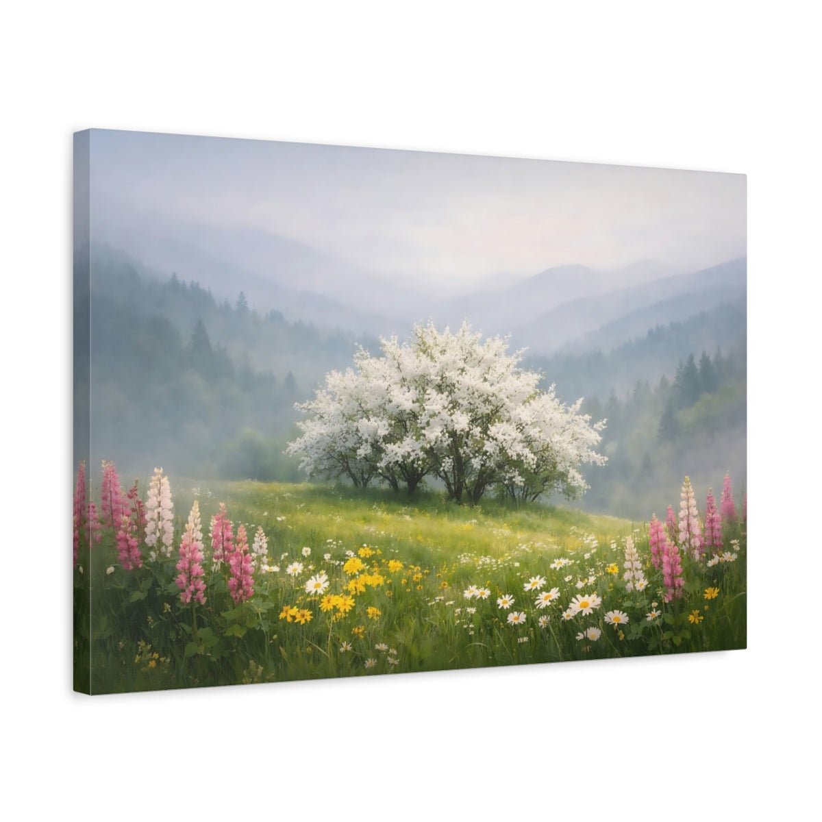Nature Flowering Tree Misty Spring Landscape - Canvas Wall Art Print - YesArtYes
