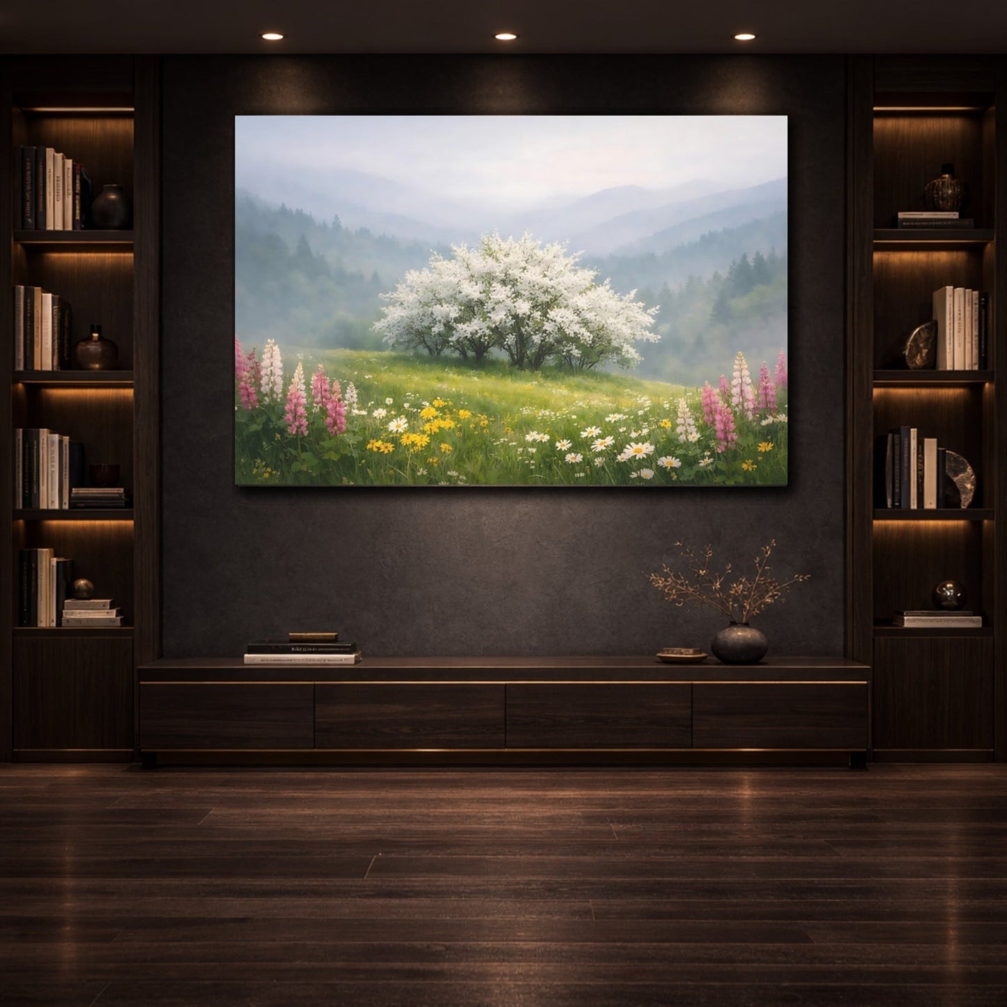 Nature Flowering Tree Misty Spring Landscape - Canvas Wall Art Print - YesArtYes