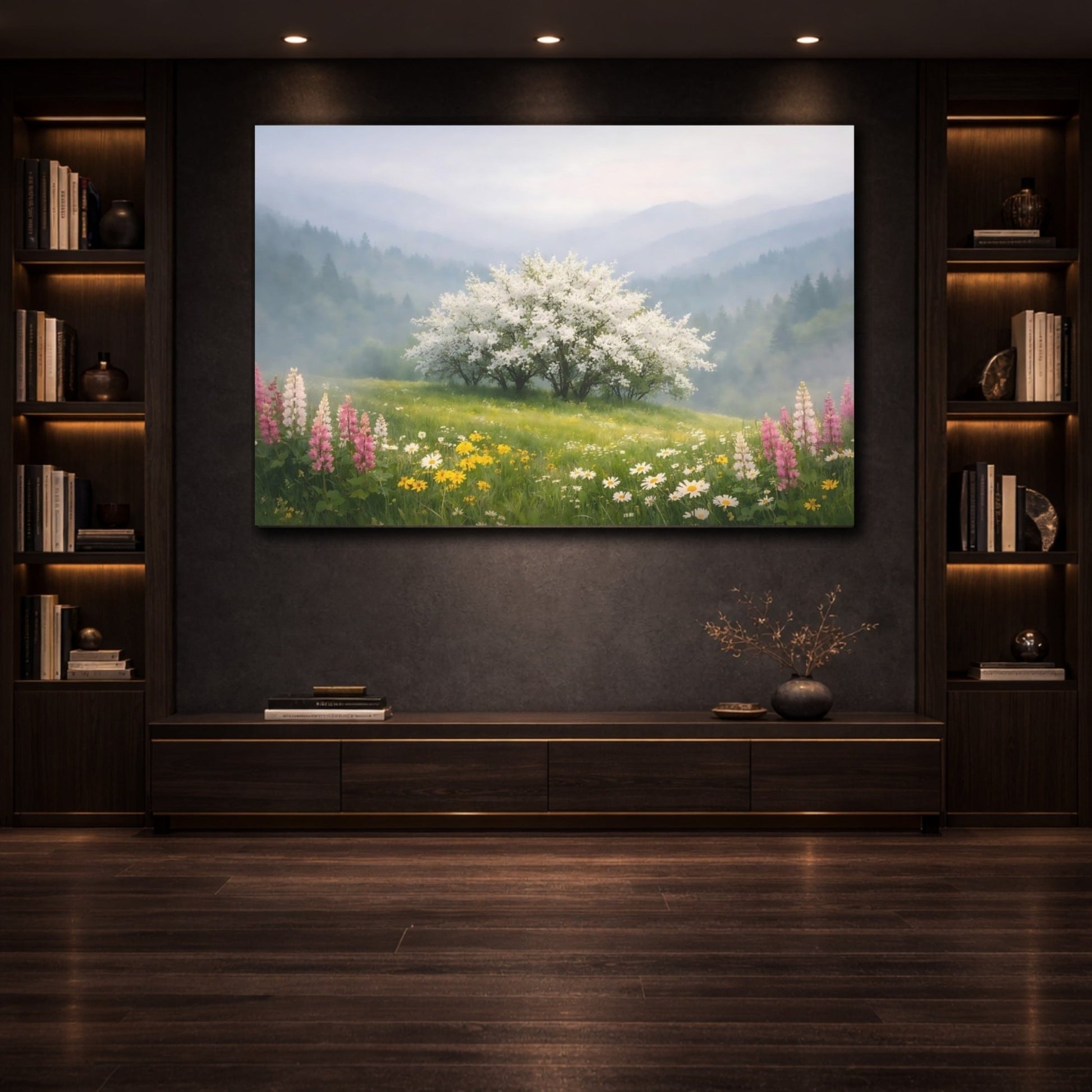 Nature Flowering Tree Misty Spring Landscape - Canvas Wall Art Print - YesArtYes