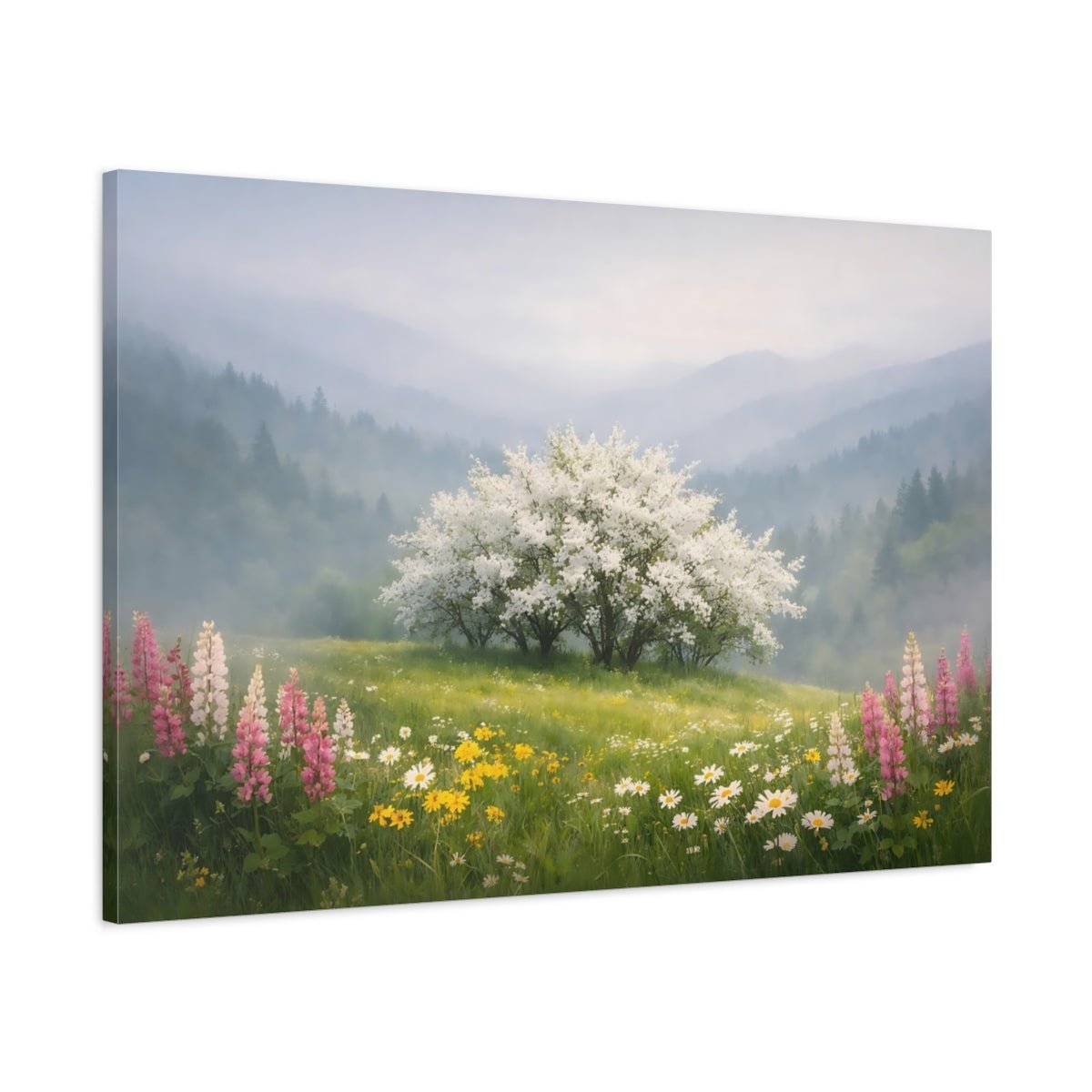 Nature Flowering Tree Misty Spring Landscape - Canvas Wall Art Print - YesArtYes
