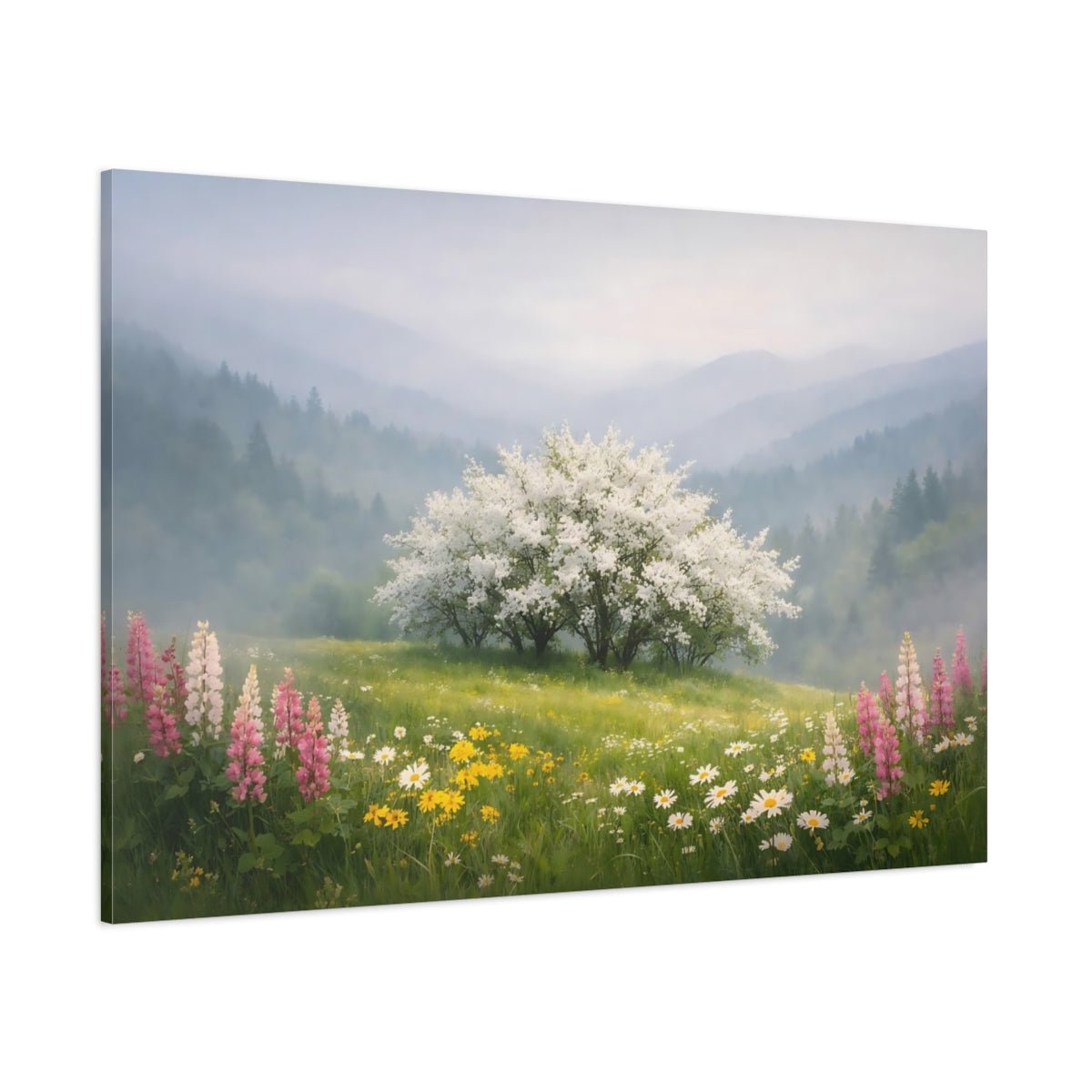 Nature Flowering Tree Misty Spring Landscape - Canvas Wall Art Print - YesArtYes
