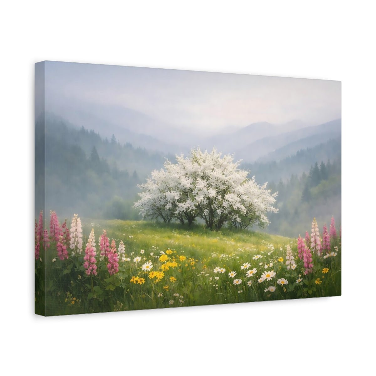 Nature Flowering Tree Misty Spring Landscape - Canvas Wall Art Print - YesArtYes
