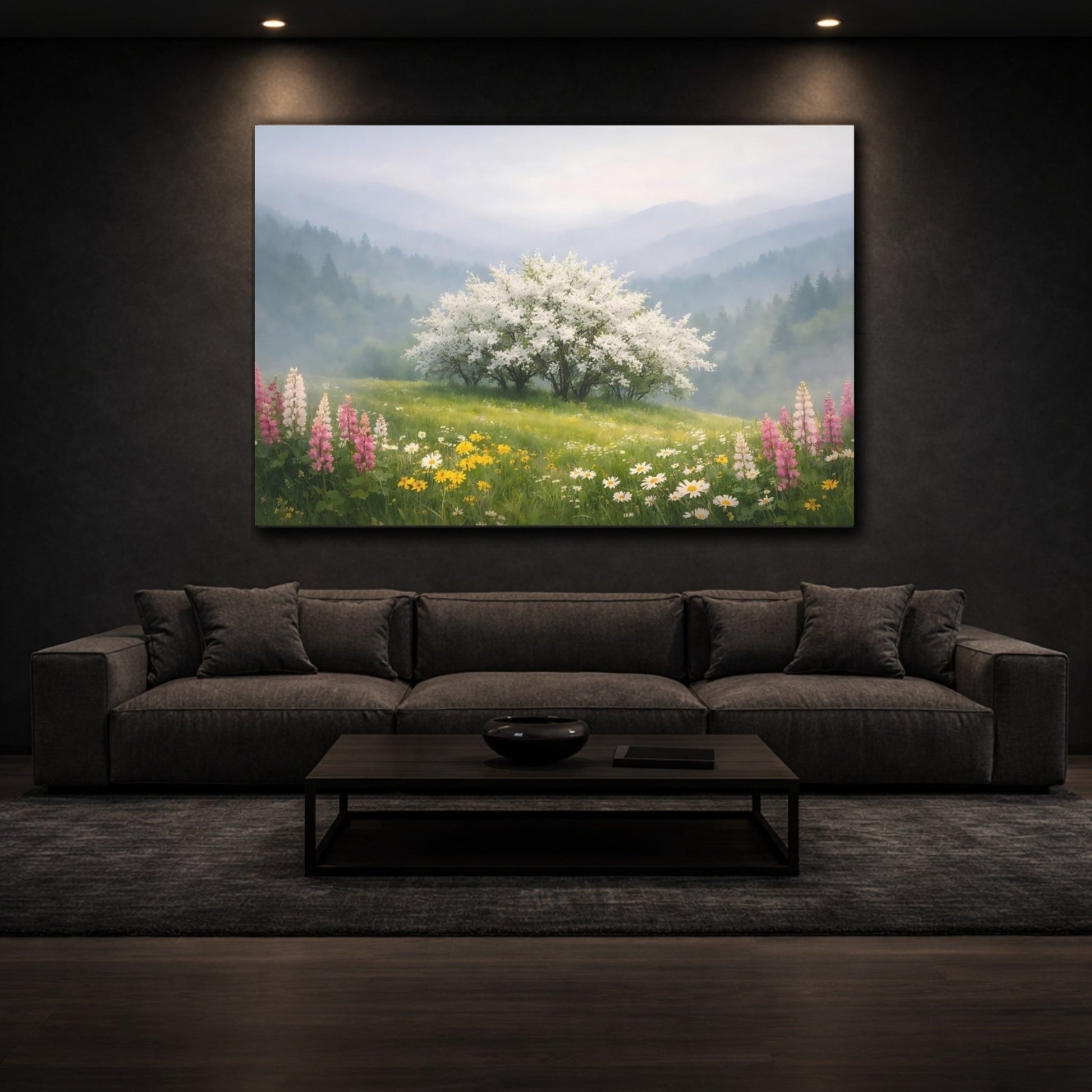 Nature Flowering Tree Misty Spring Landscape - Canvas Wall Art Print - YesArtYes