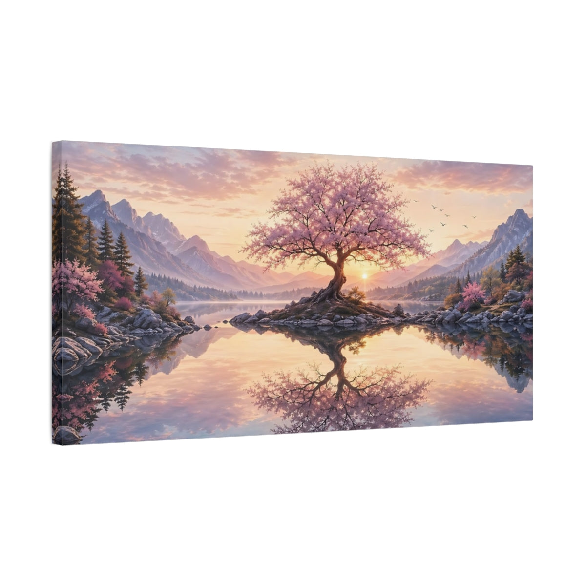 Side Mockup 1. Nature Flowering Tree Pink Blossom Sunset shown as stretched canvas wall art