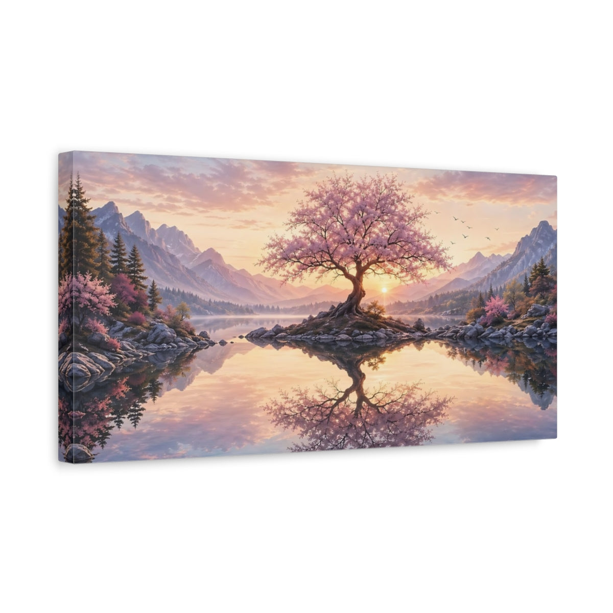 Side Mockup 3. Nature Flowering Tree Pink Blossom Sunset shown as stretched canvas wall art