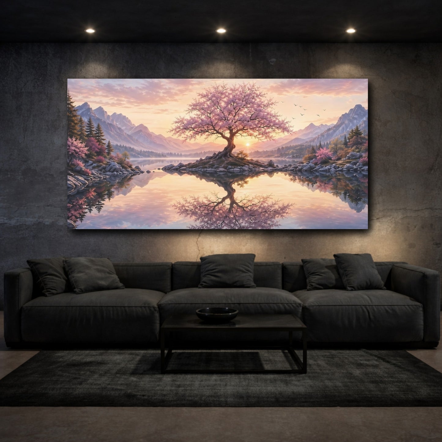 Mockup 2. Nature Flowering Tree Pink Blossom Sunset shown as stretched canvas wall art