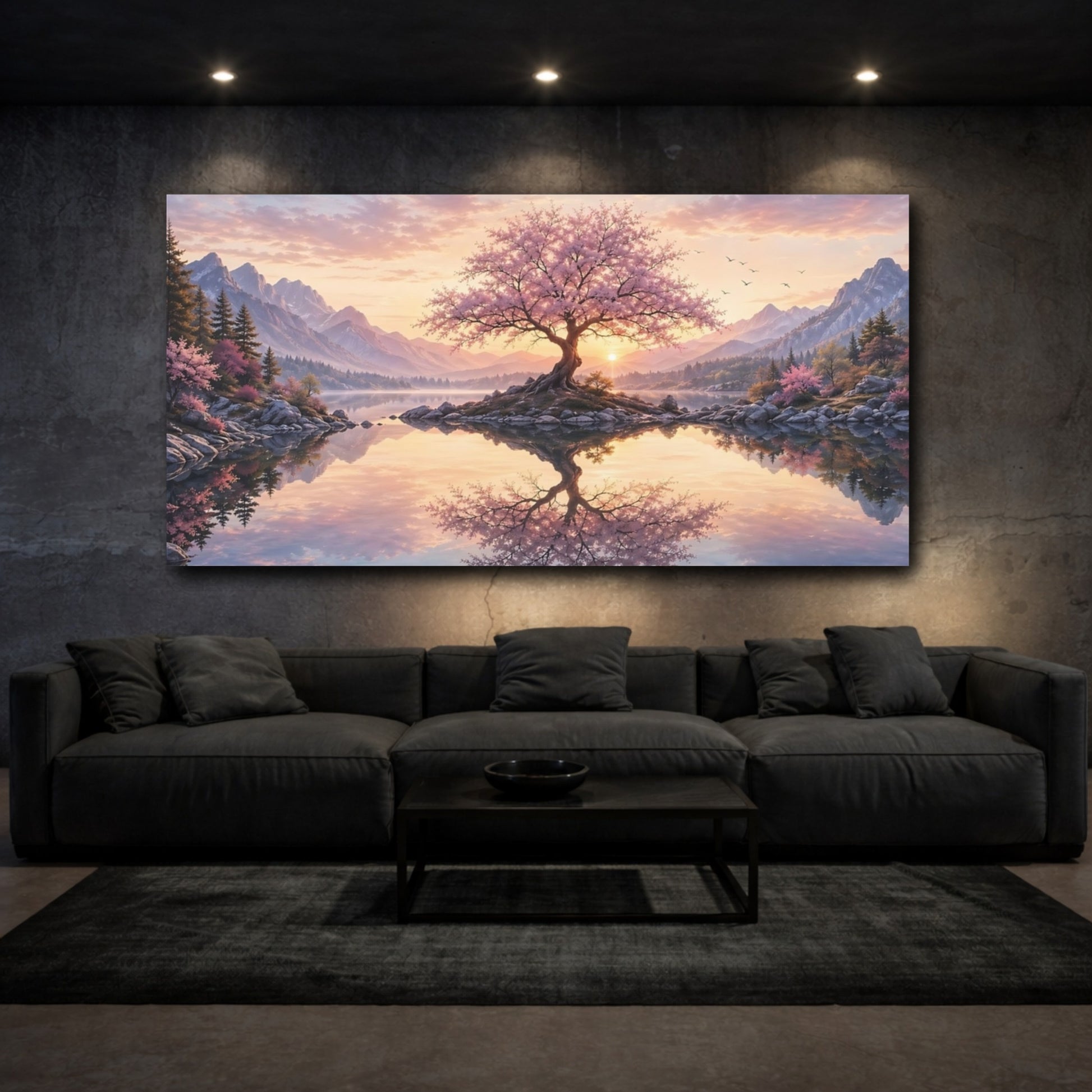 Mockup 2. Nature Flowering Tree Pink Blossom Sunset shown as stretched canvas wall art